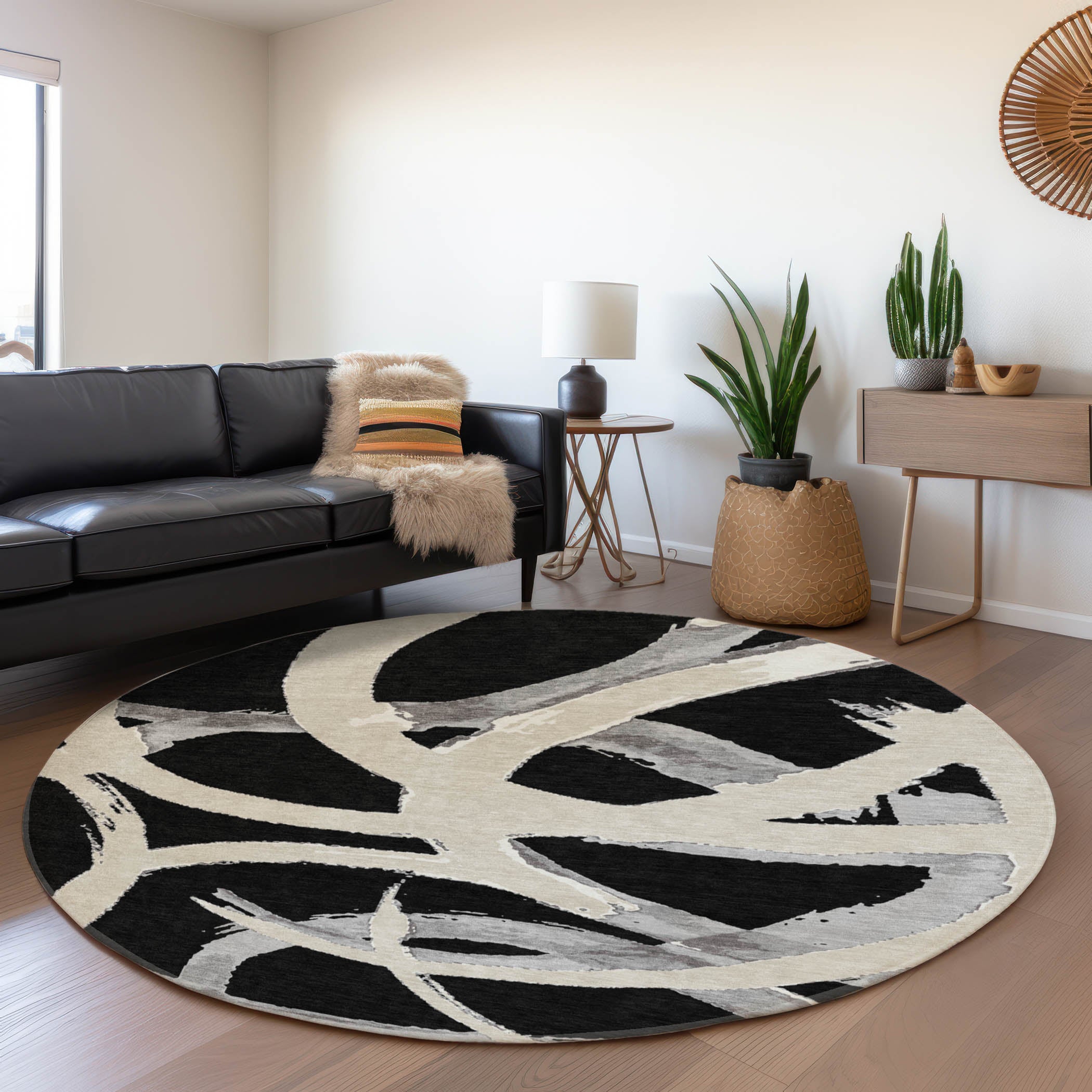 Istanbul Machine Washable Transitional Black Rug 8' x 8' #shape_Round