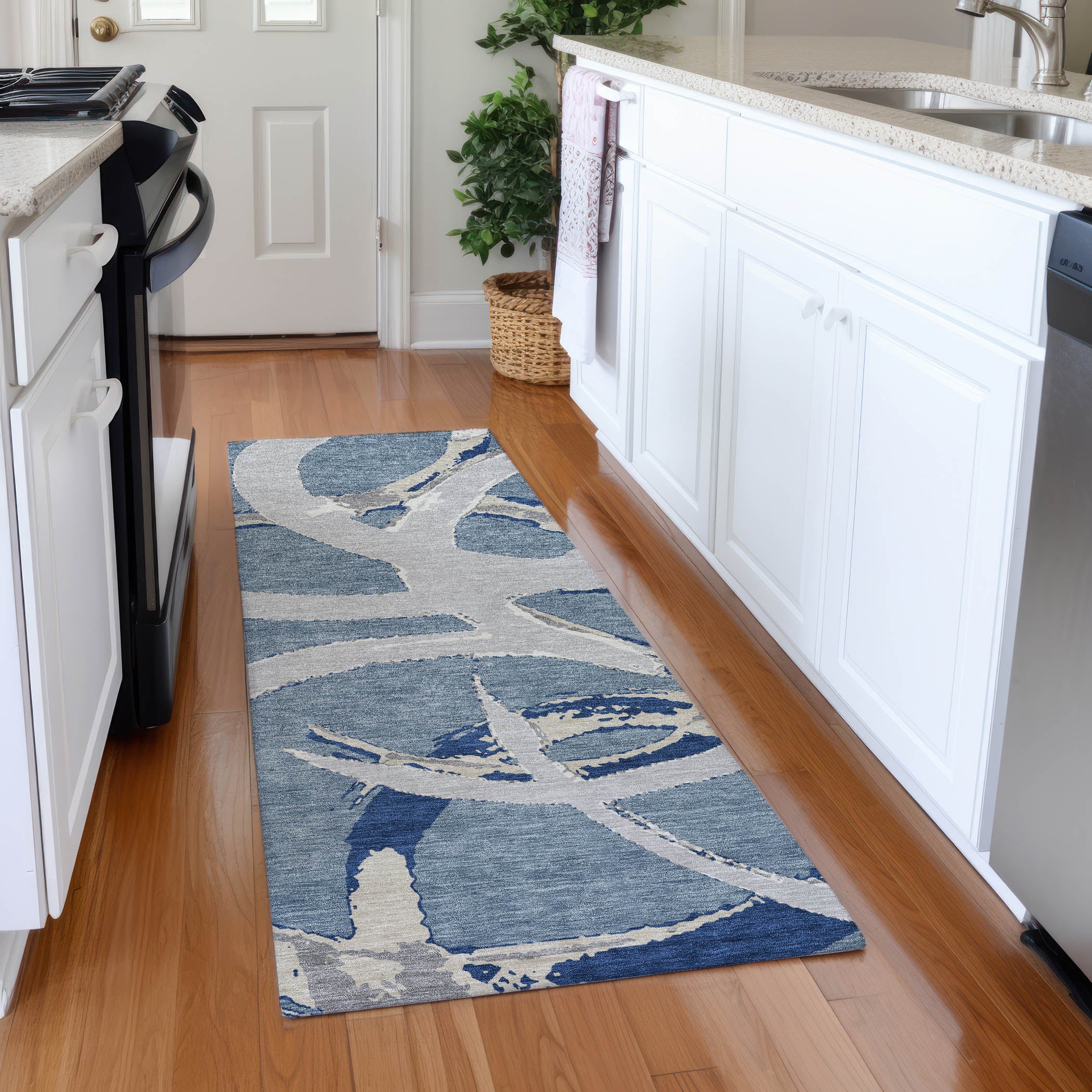 Istanbul Machine Washable Transitional Denim Blue Rug 2'3" x 7'6" #shape_Runner