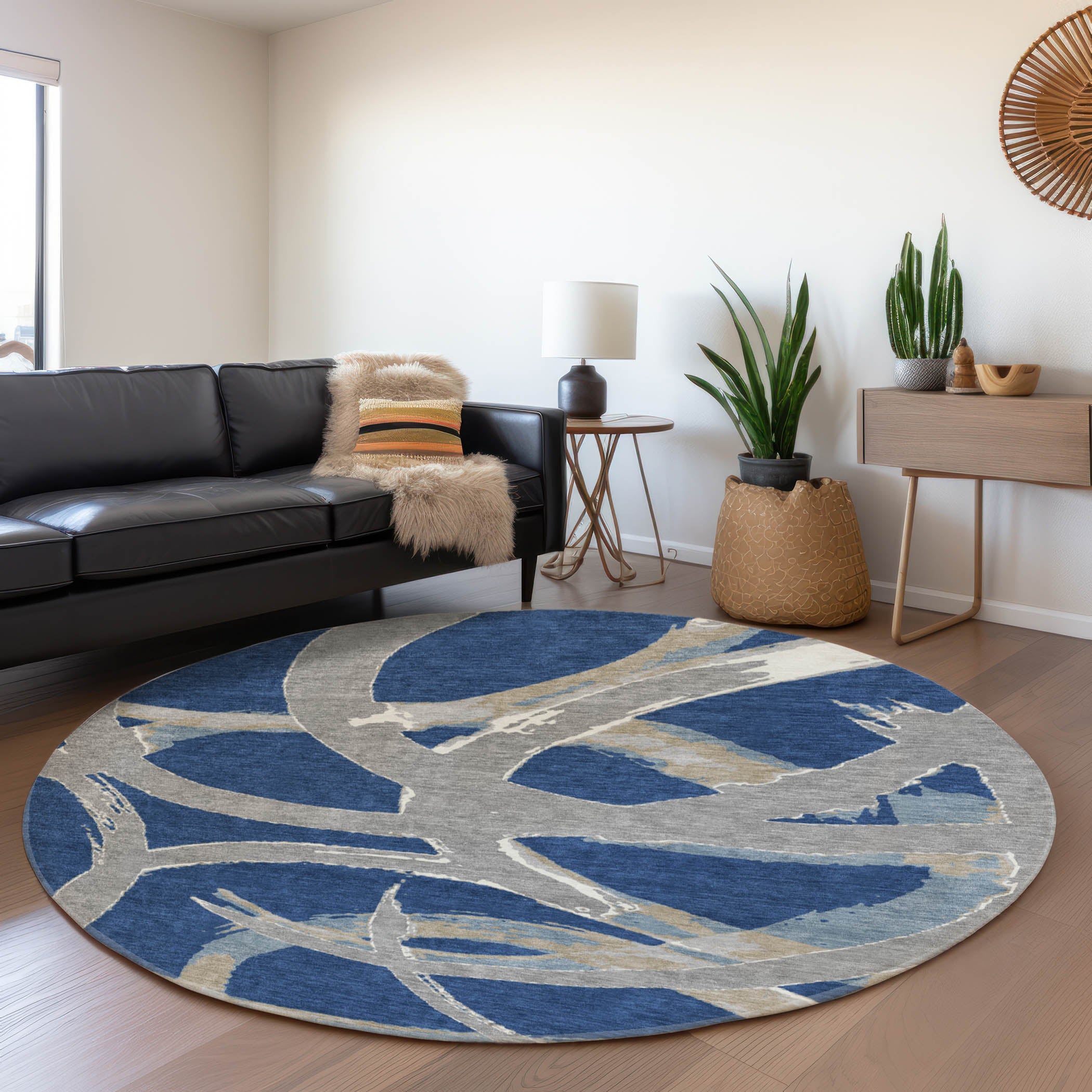 Istanbul Machine Washable Transitional Navy Blue Rug 8' x 8' #shape_Round