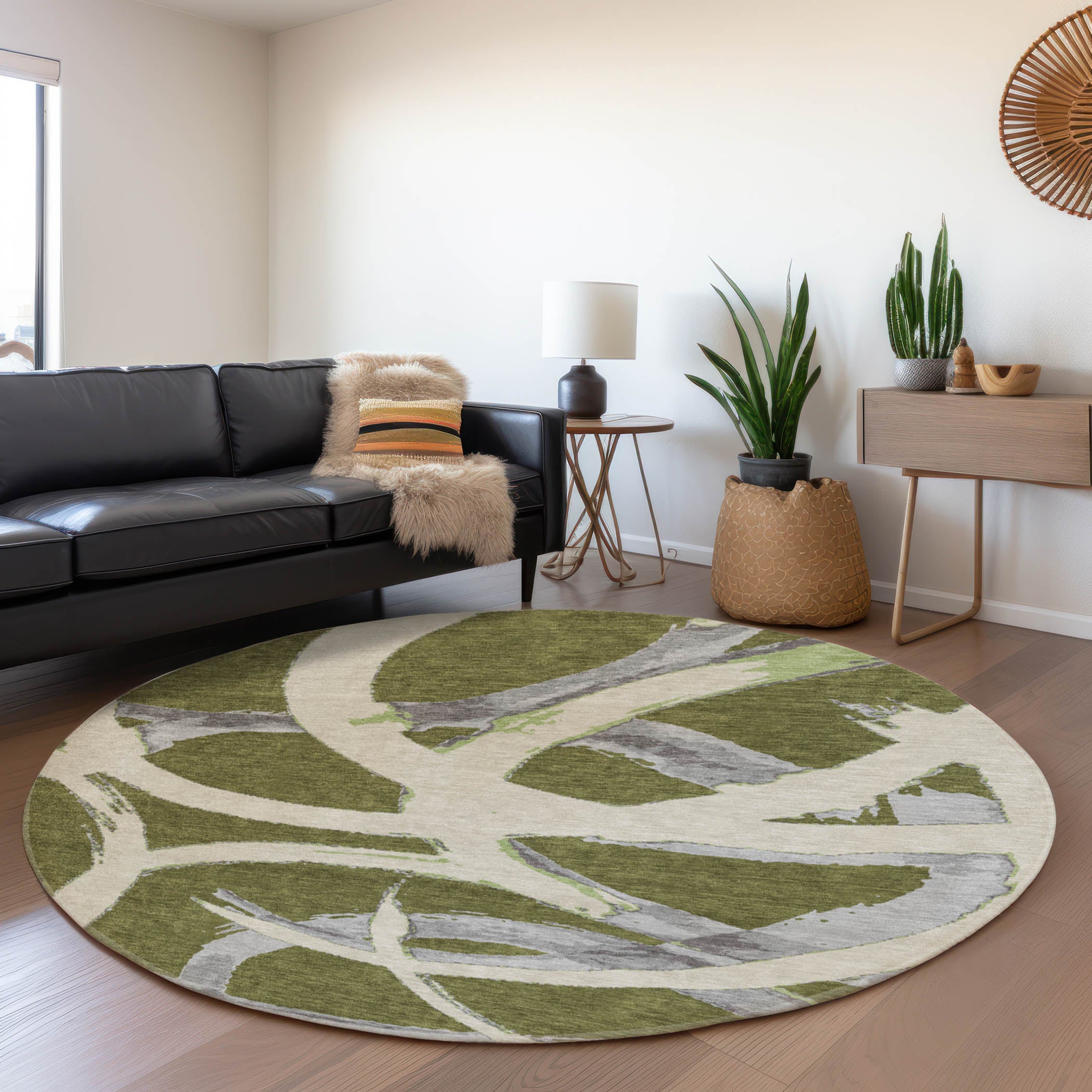 Istanbul Machine Washable Transitional Olive Green Rug 8' x 8' #shape_Round