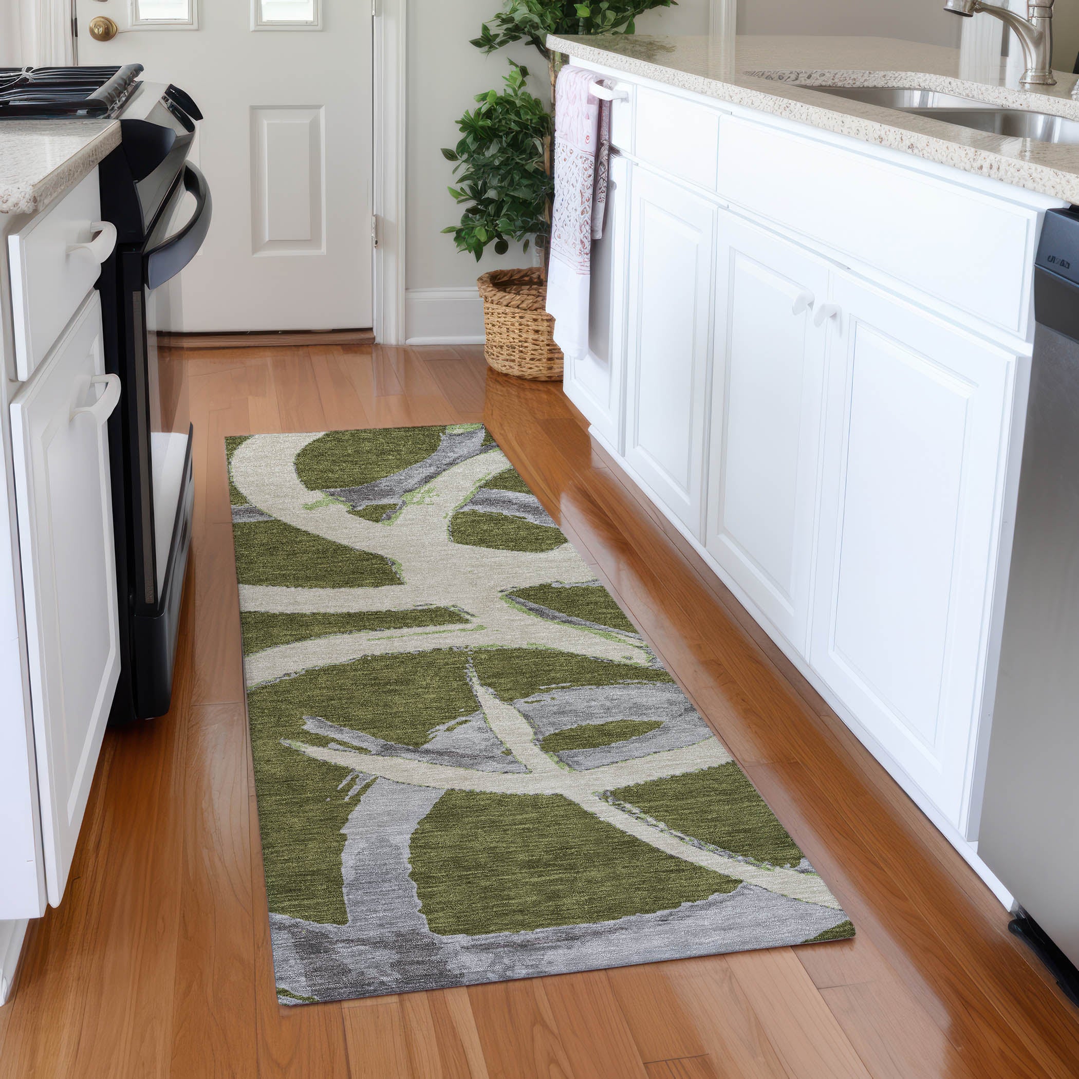 Istanbul Machine Washable Transitional Olive Green Rug 2'3" x 7'6" #shape_Runner
