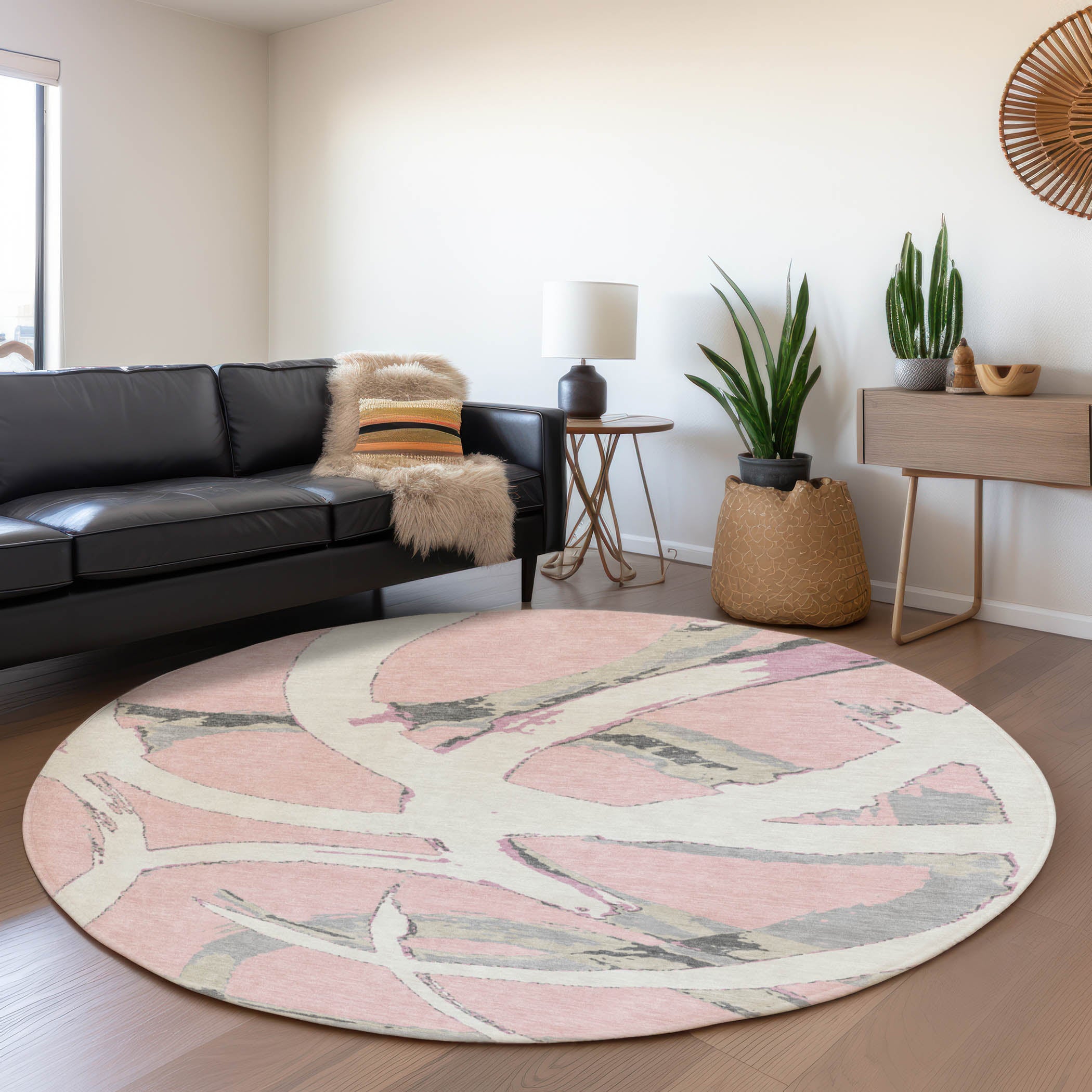 Istanbul Machine Washable Transitional Pink Rug 8' x 8' #shape_Round