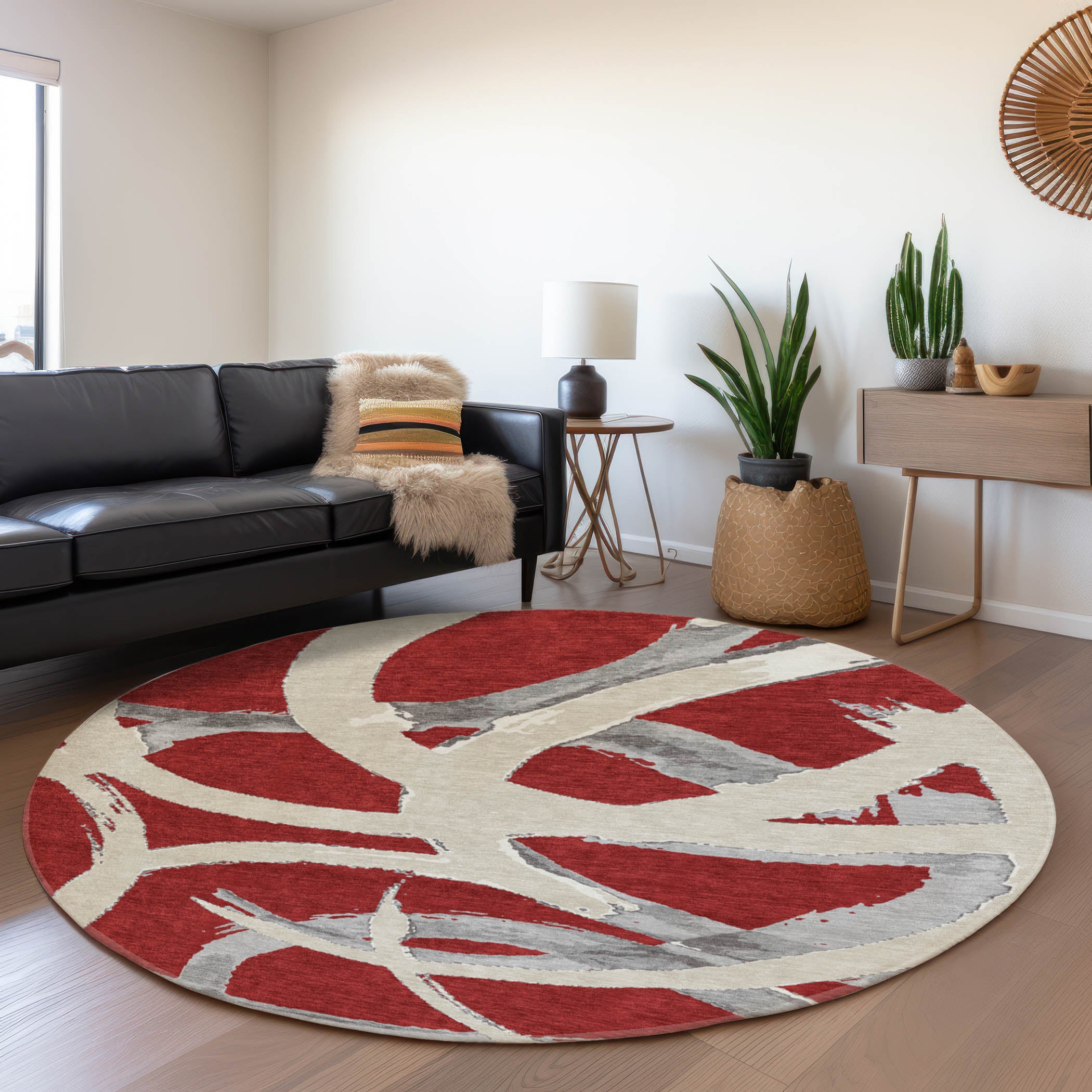 Istanbul Machine Washable Transitional Red Rug 8' x 8' #shape_Round