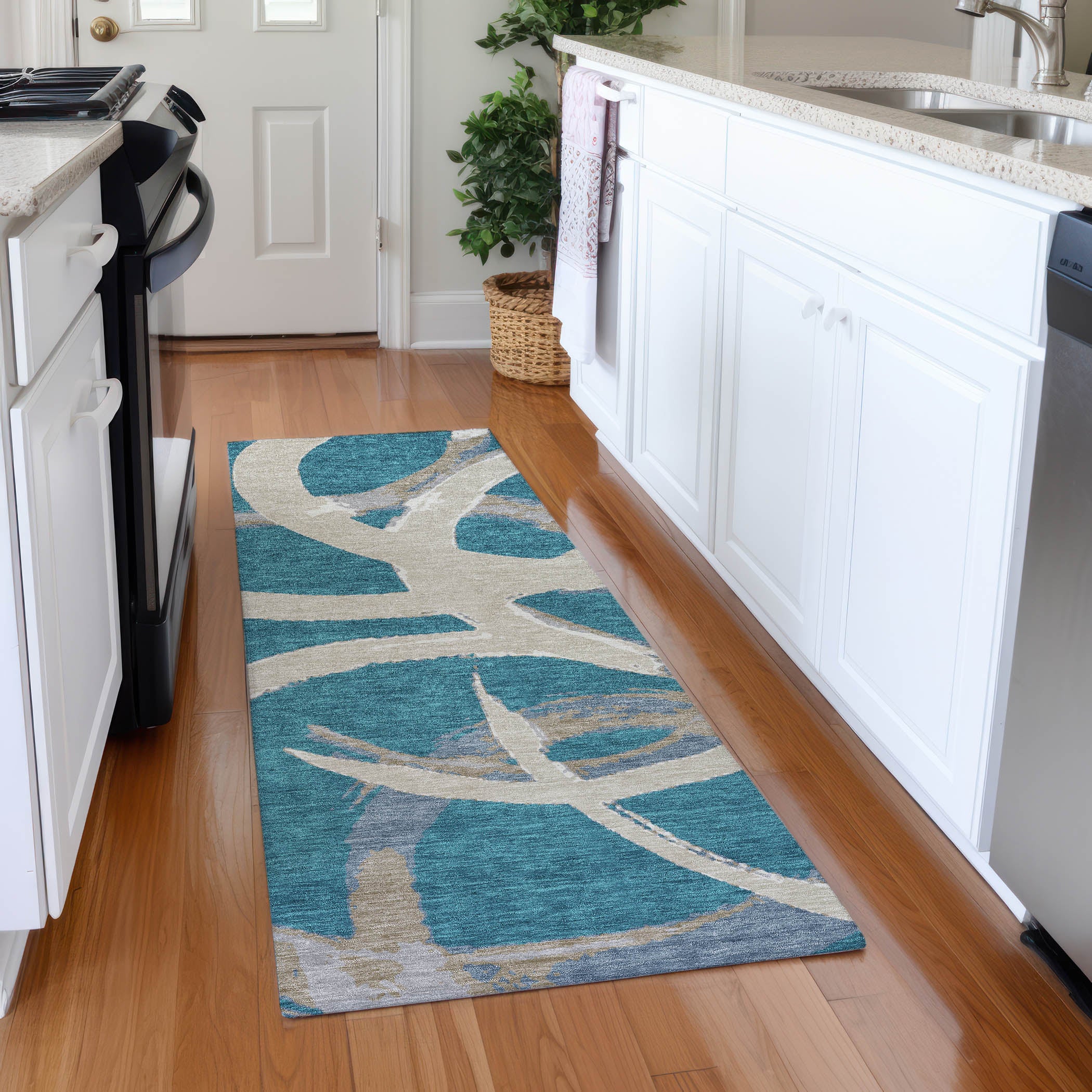 Istanbul Machine Washable Transitional Teal Rug 2'3" x 7'6" #shape_Runner