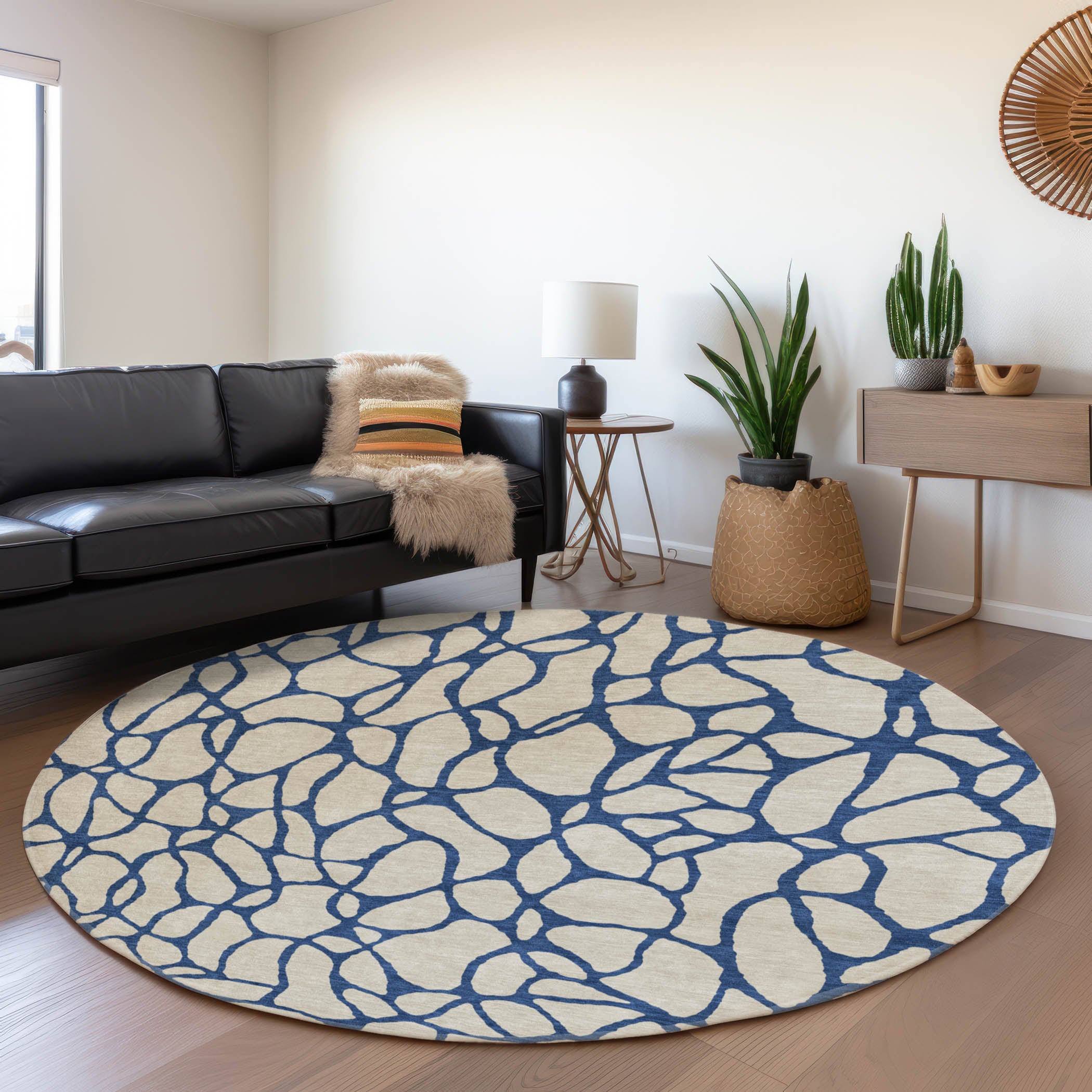 Santorini Machine Washable Transitional Beige Brown Rug 8' x 8' #shape_Round