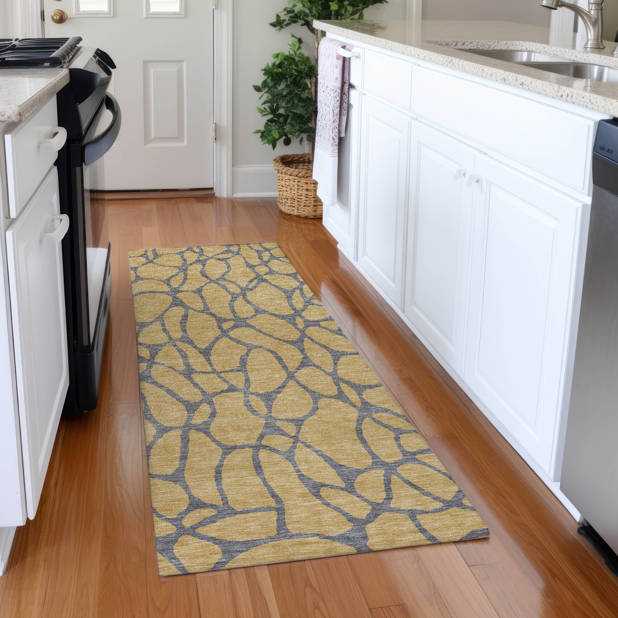 Santorini Machine Washable Transitional Gold Rug 2'3" x 7'6" #shape_Runner