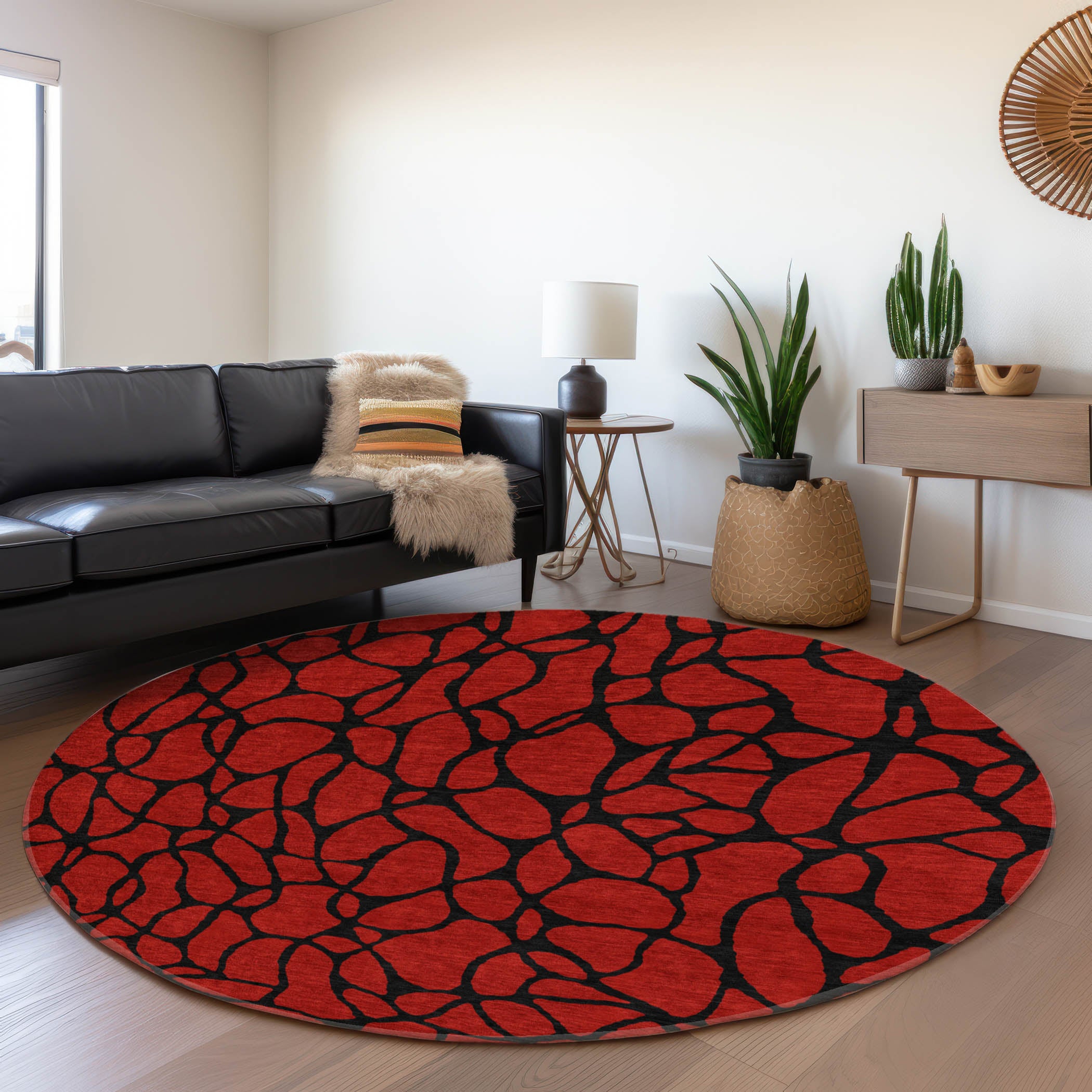 Santorini Machine Washable Transitional Red Rug 8' x 8' #shape_Round