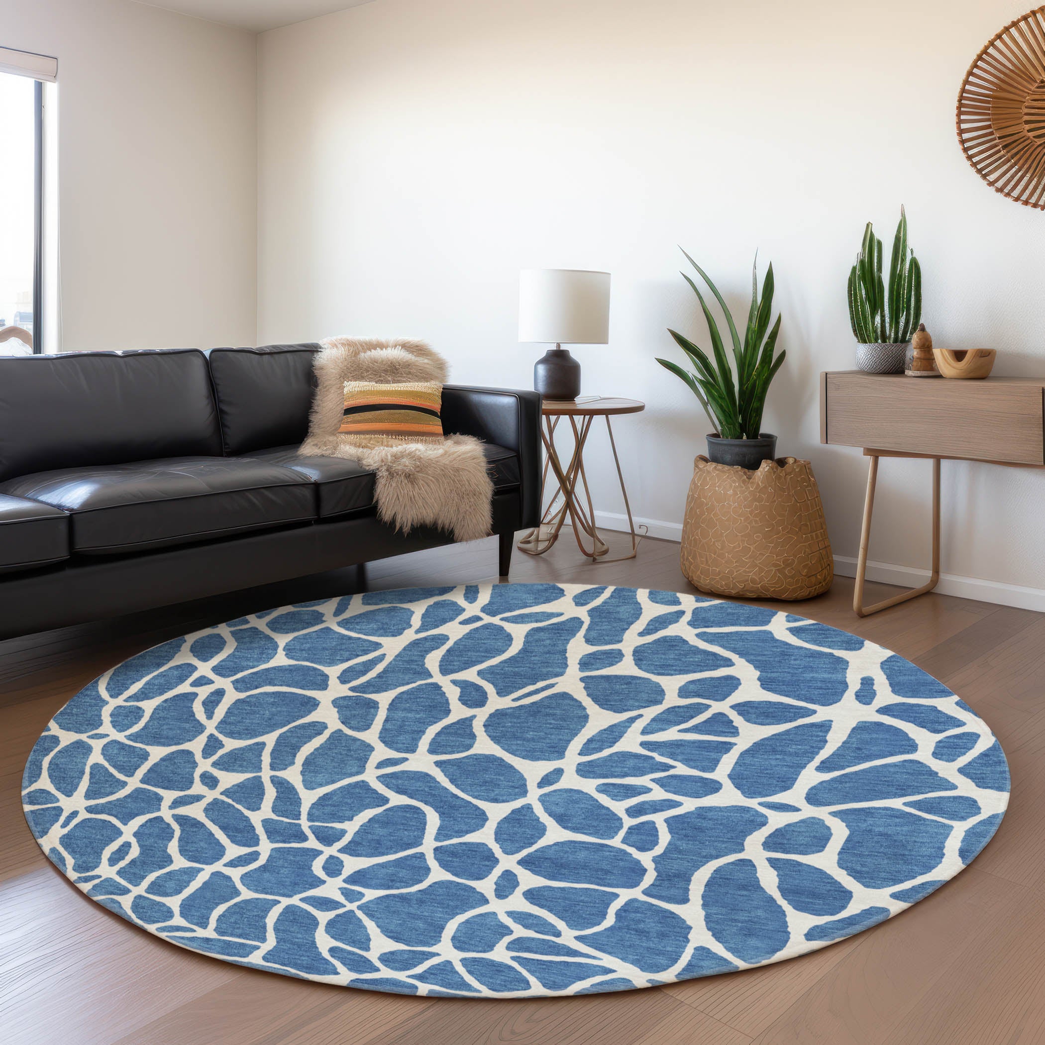 Dublin Machine Washable Transitional Blue Rug 8' x 8' #shape_Round