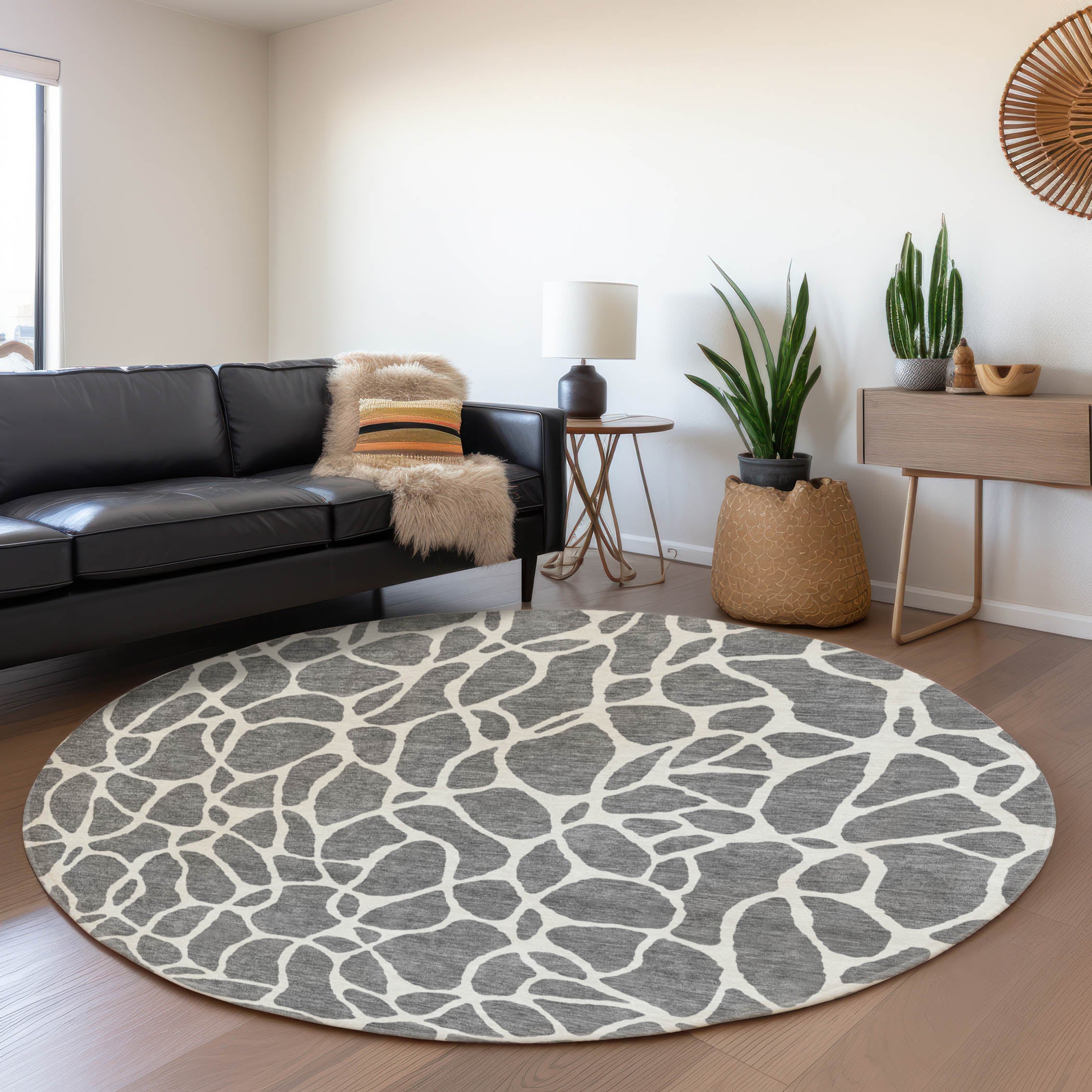 Dublin Machine Washable Transitional Gray Rug 8' x 8' #shape_Round