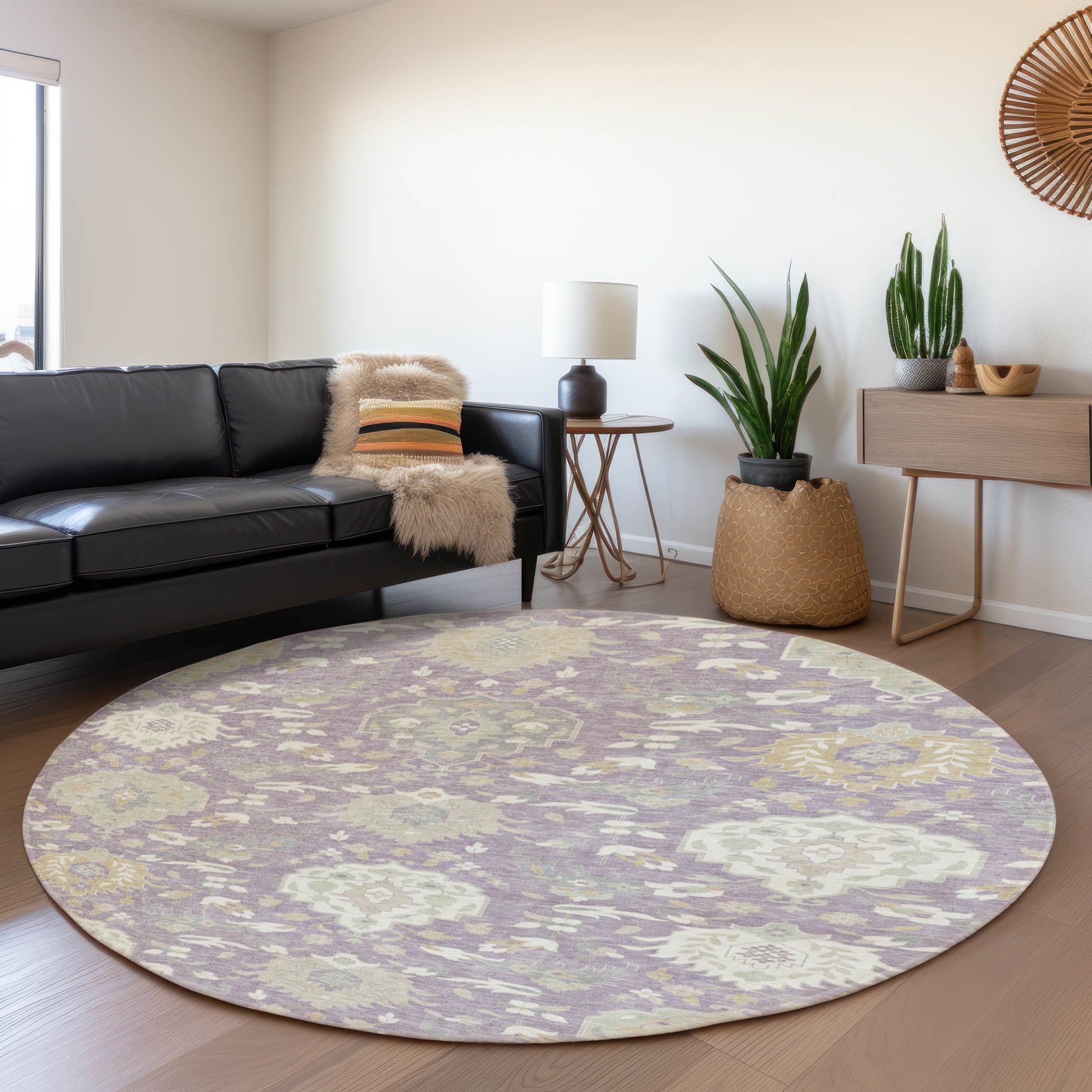 Lisbon Machine Washable Traditional Lavender Purple Rug 8' x 8' #shape_Round