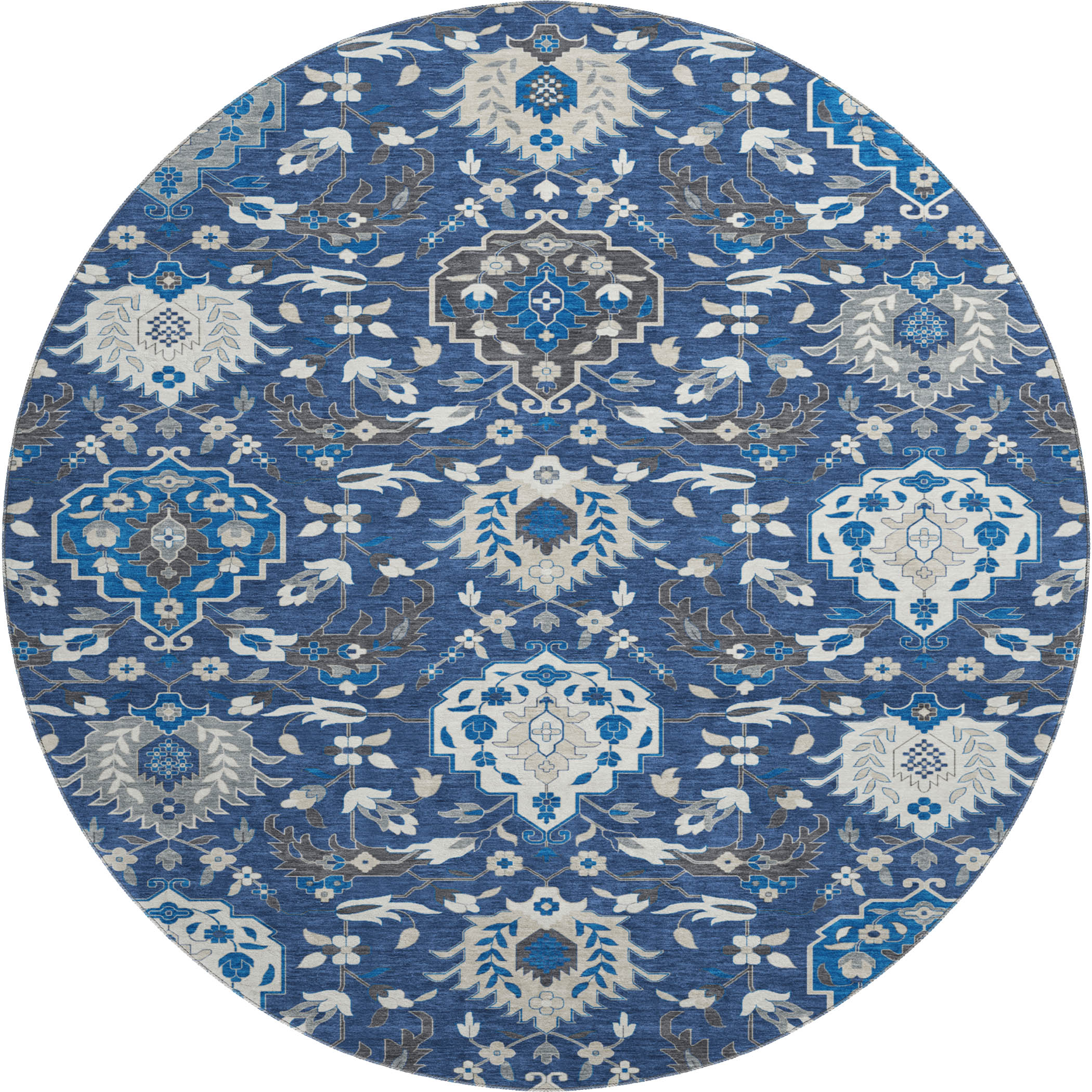 Lisbon Machine Washable Traditional Navy Blue Rug 8' x 8' #shape_Round