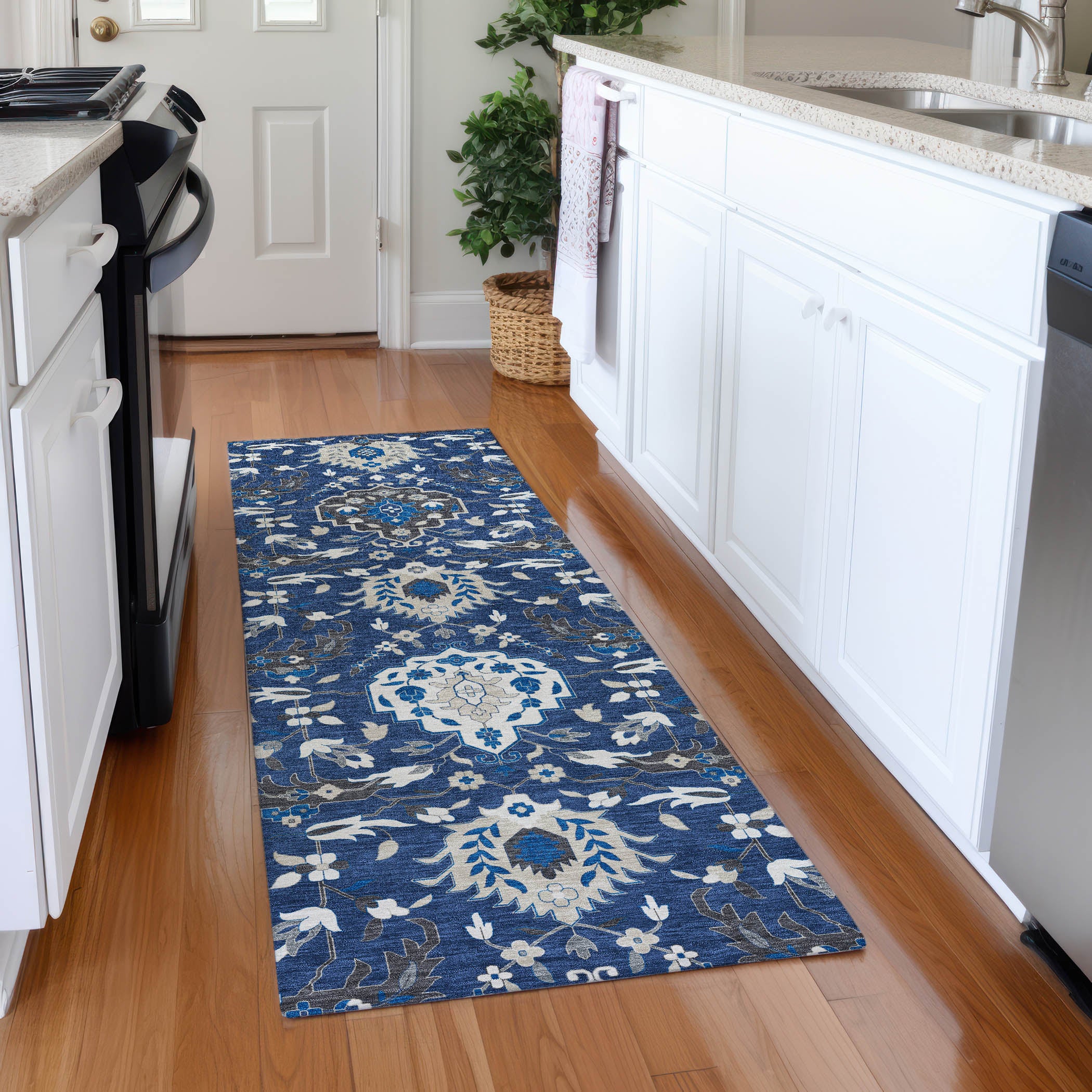 Lisbon Machine Washable Traditional Navy Blue Rug 2'3" x 7'6" #shape_Runner