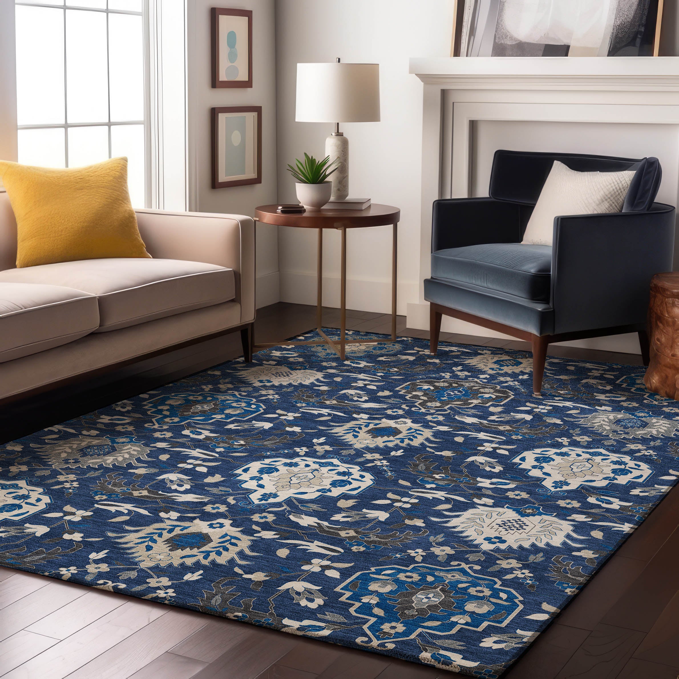 Lisbon Machine Washable Traditional Navy Blue Rug 2'6" x 3'10" #shape_Rectangle