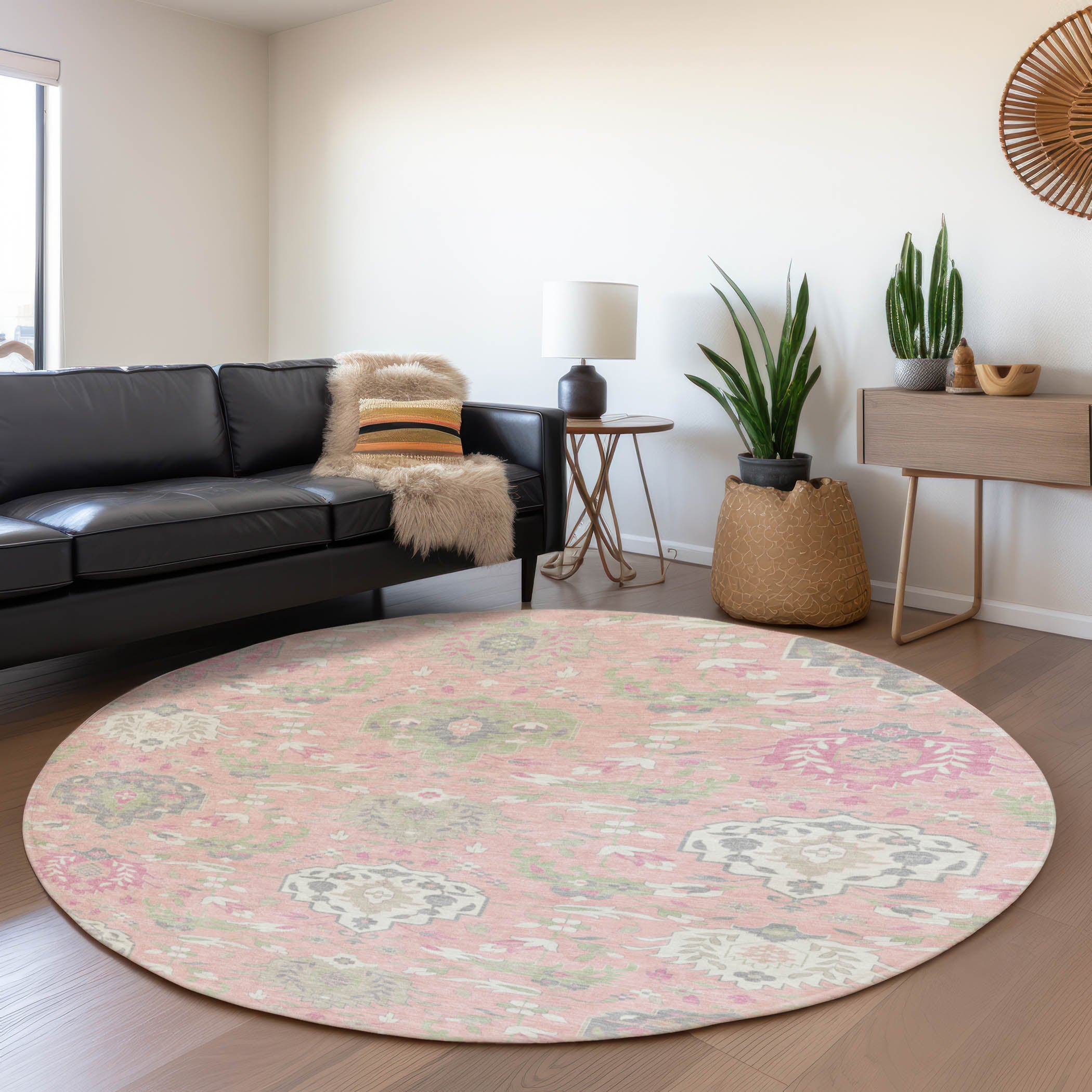 Lisbon Machine Washable Traditional Pink Rug 8' x 8' #shape_Round