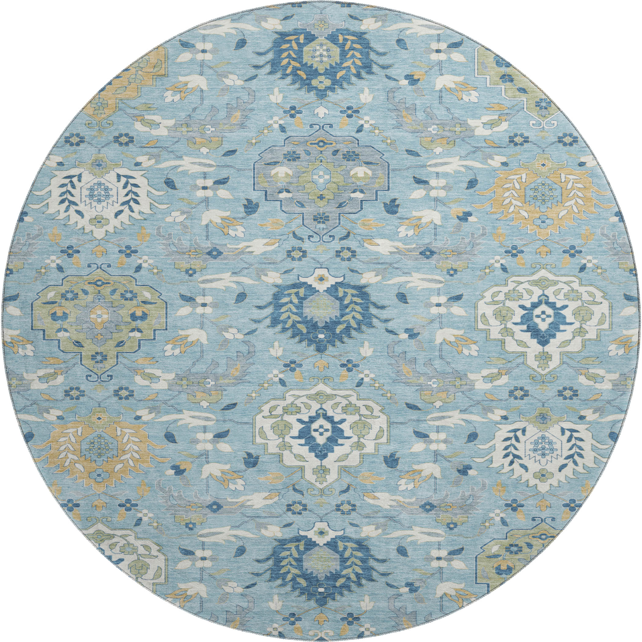 Lisbon Machine Washable Traditional Sky Blue Rug 8' x 8' #shape_Round