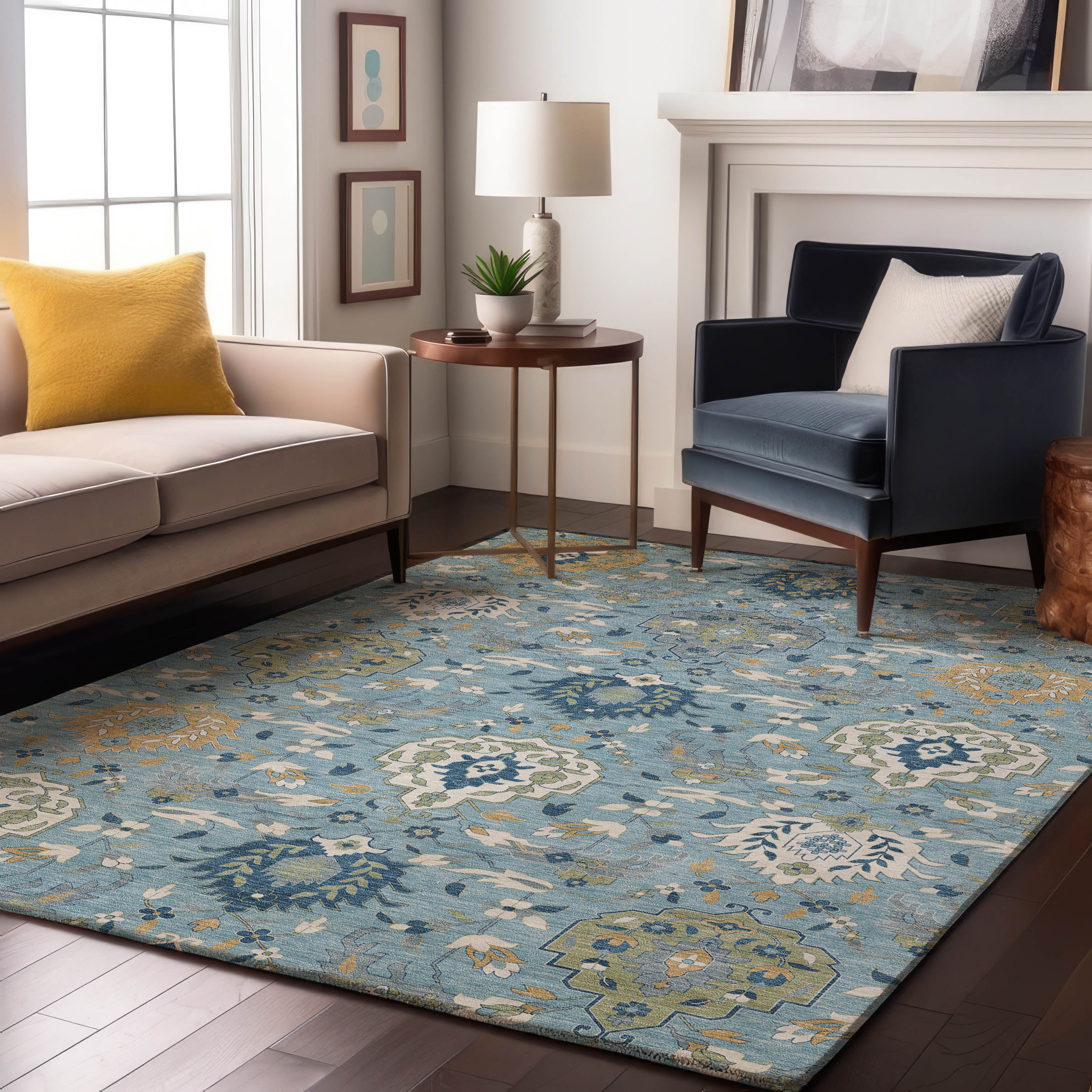 Lisbon Machine Washable Traditional Sky Blue Rug 2'6" x 3'10" #shape_Rectangle