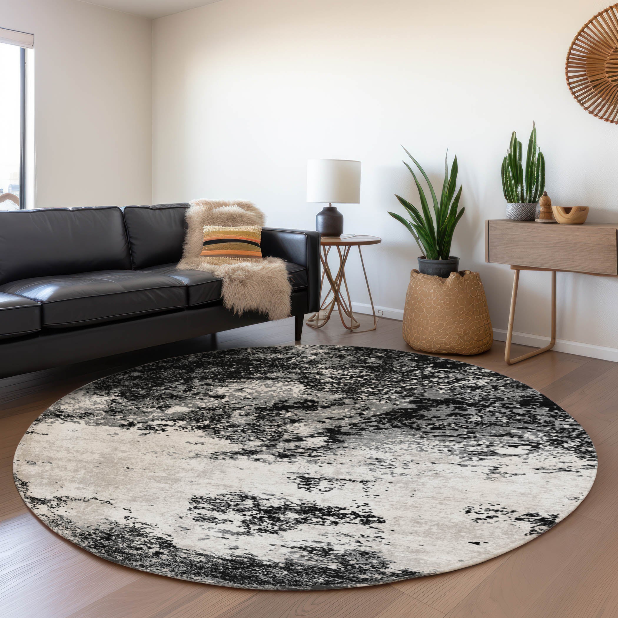 Dublin Machine Washable Transitional Black Rug 8' x 8' #shape_Round