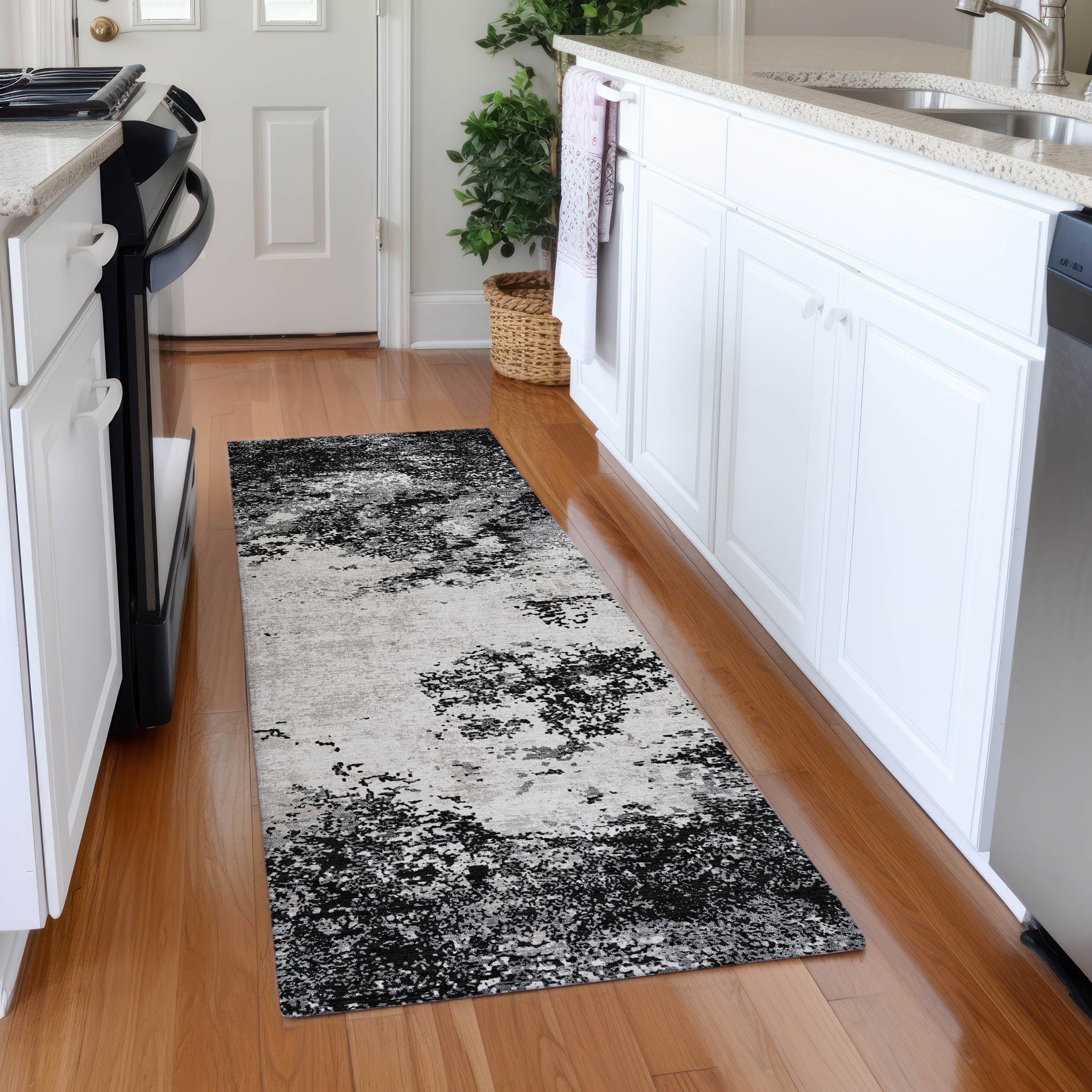 Dublin Machine Washable Transitional Black Rug 2'3" x 7'6" #shape_Runner
