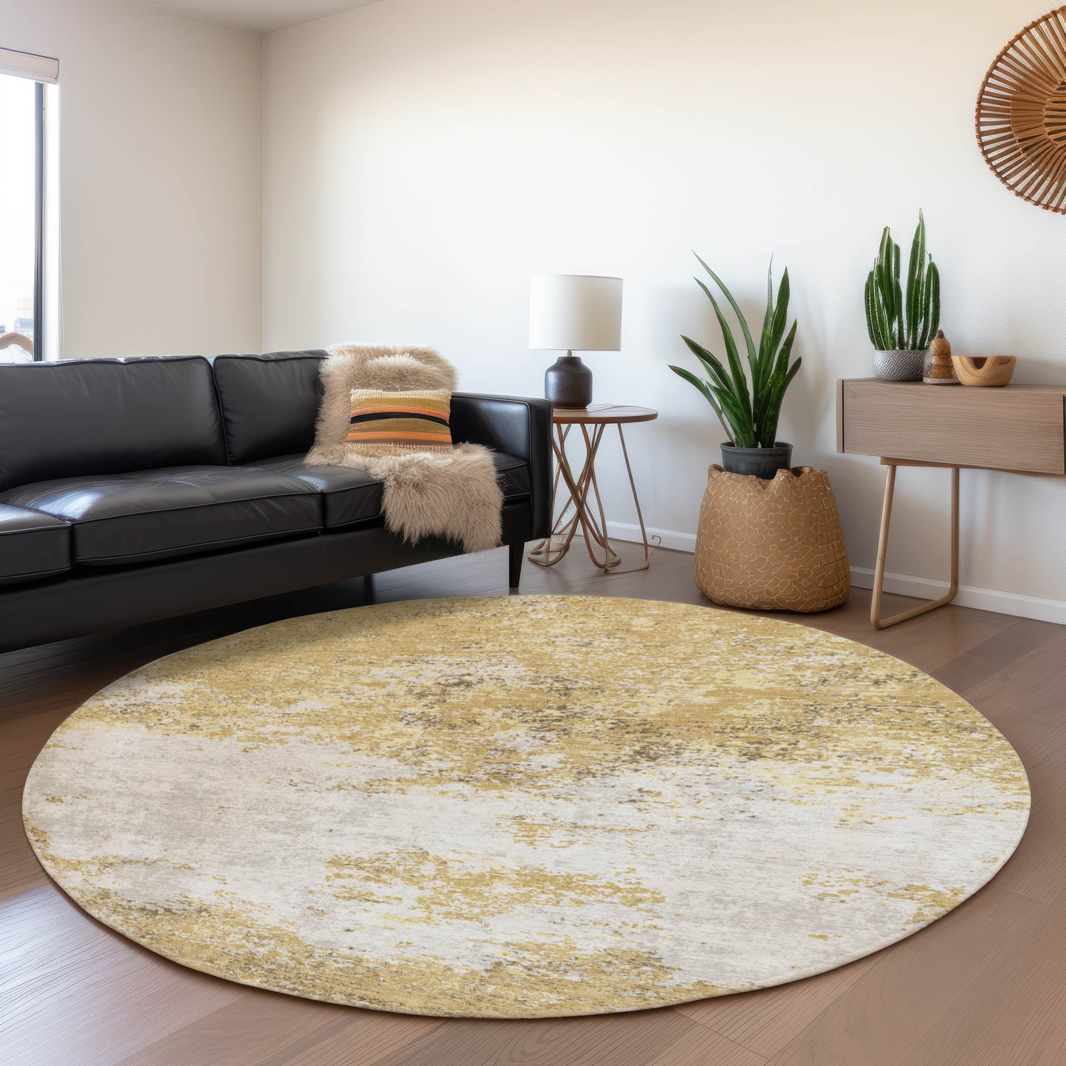 Dublin Machine Washable Transitional Gold Rug 8' x 8' #shape_Round