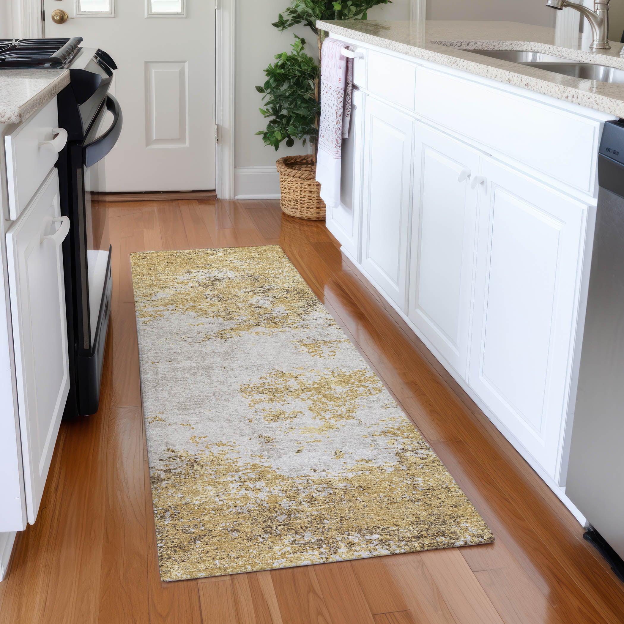 Dublin Machine Washable Transitional Gold Rug 2'3" x 7'6" #shape_Runner