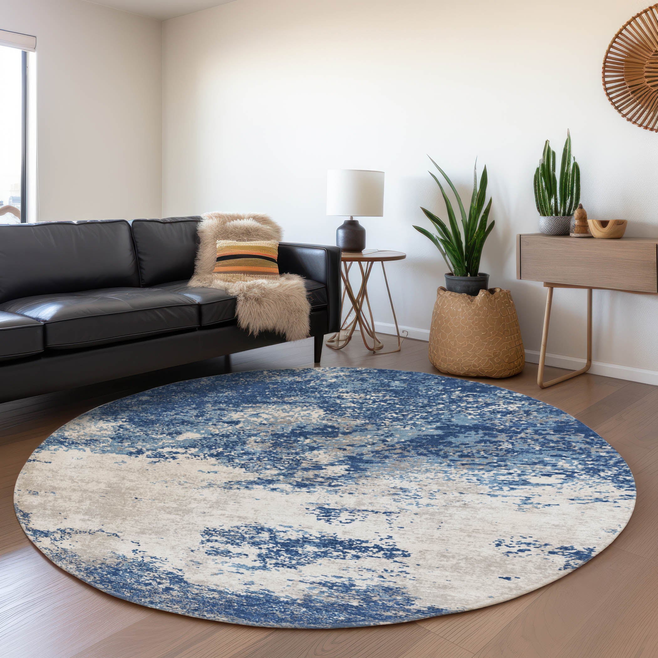 Dublin Machine Washable Transitional Navy Blue Rug 8' x 8' #shape_Round