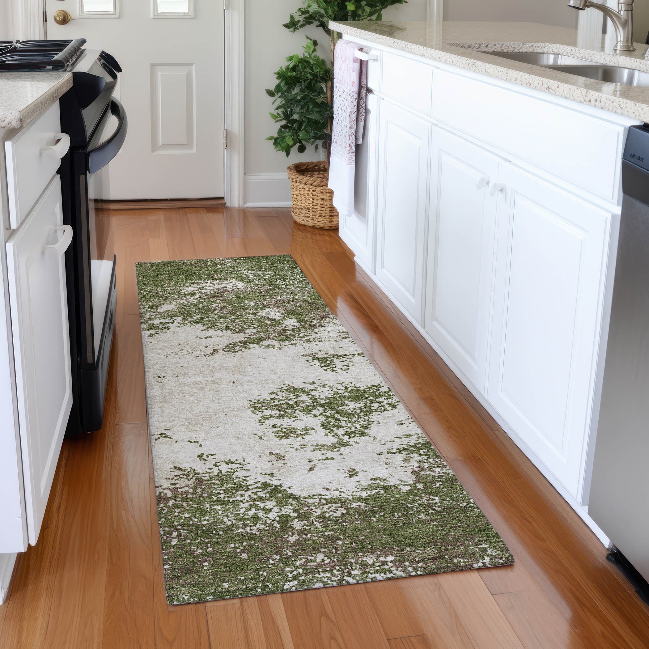 Dublin Machine Washable Transitional Olive Green Rug 2'3" x 7'6" #shape_Runner