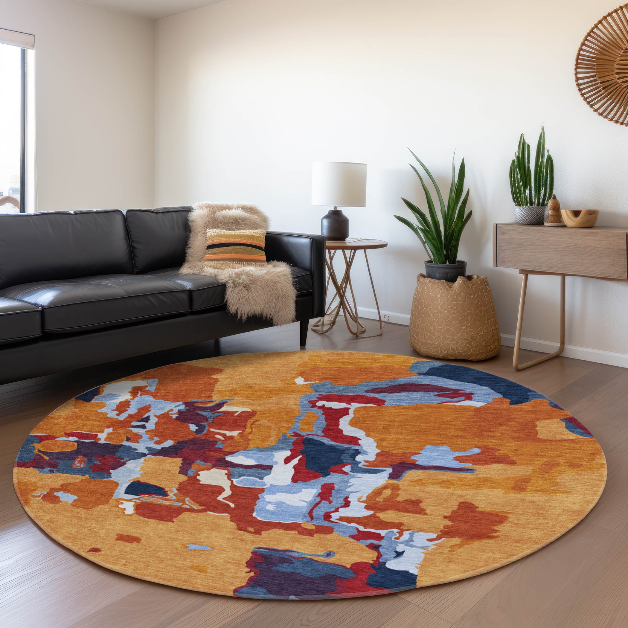 Lisbon Machine Washable Transitional Copper Orange Rug 8' x 8' #shape_Round