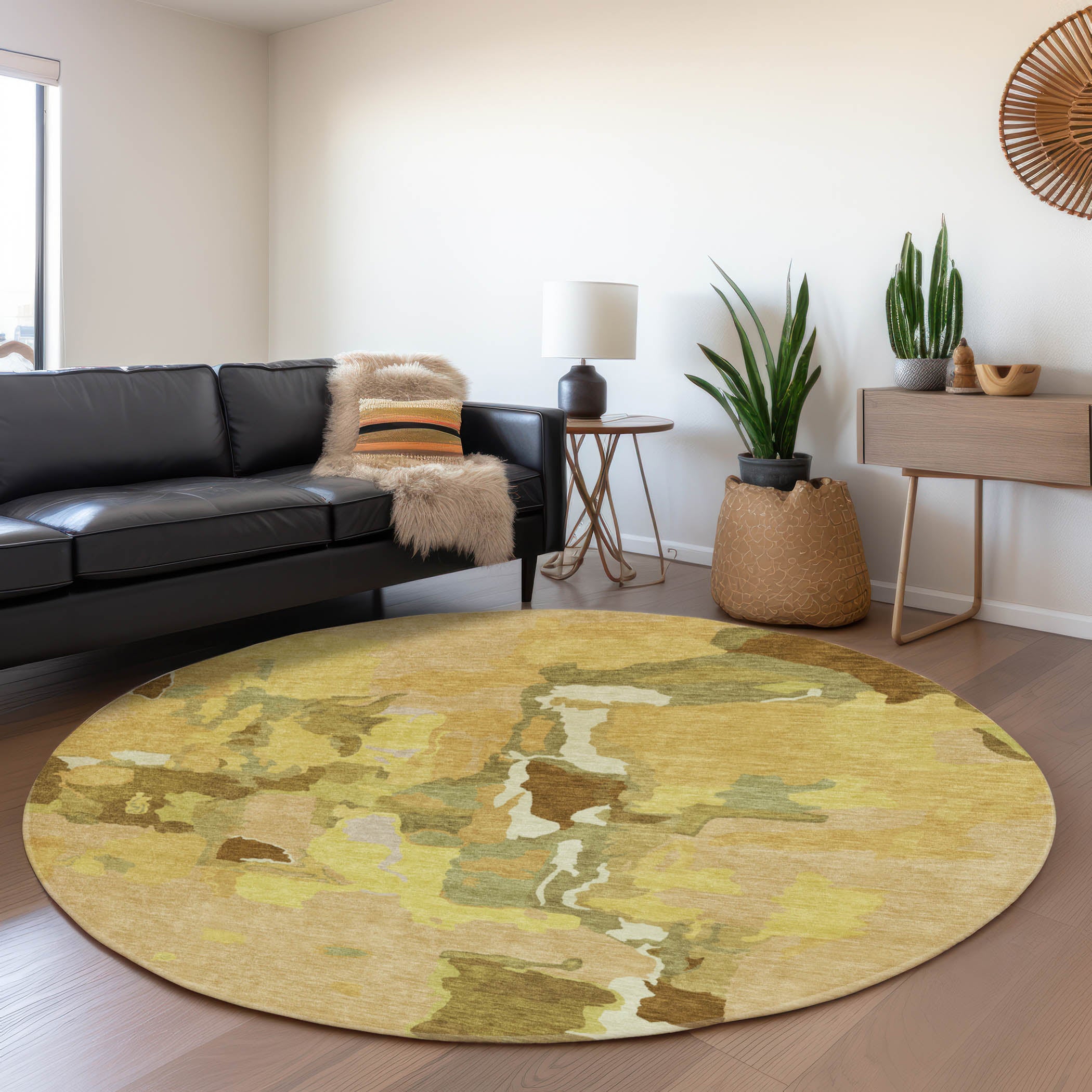 Lisbon Machine Washable Transitional Gold Rug 8' x 8' #shape_Round