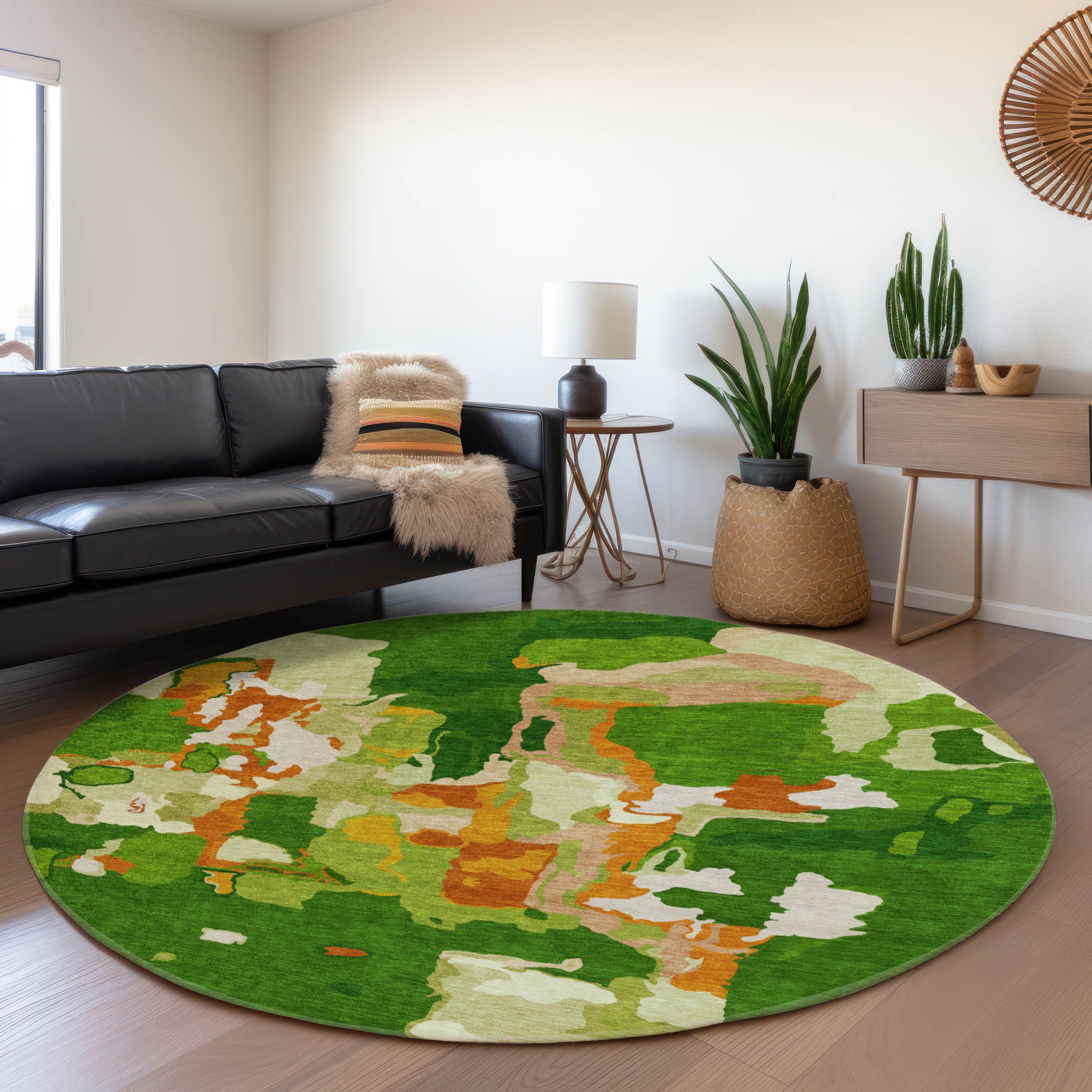 Lisbon Machine Washable Transitional Green Rug 8' x 8' #shape_Round