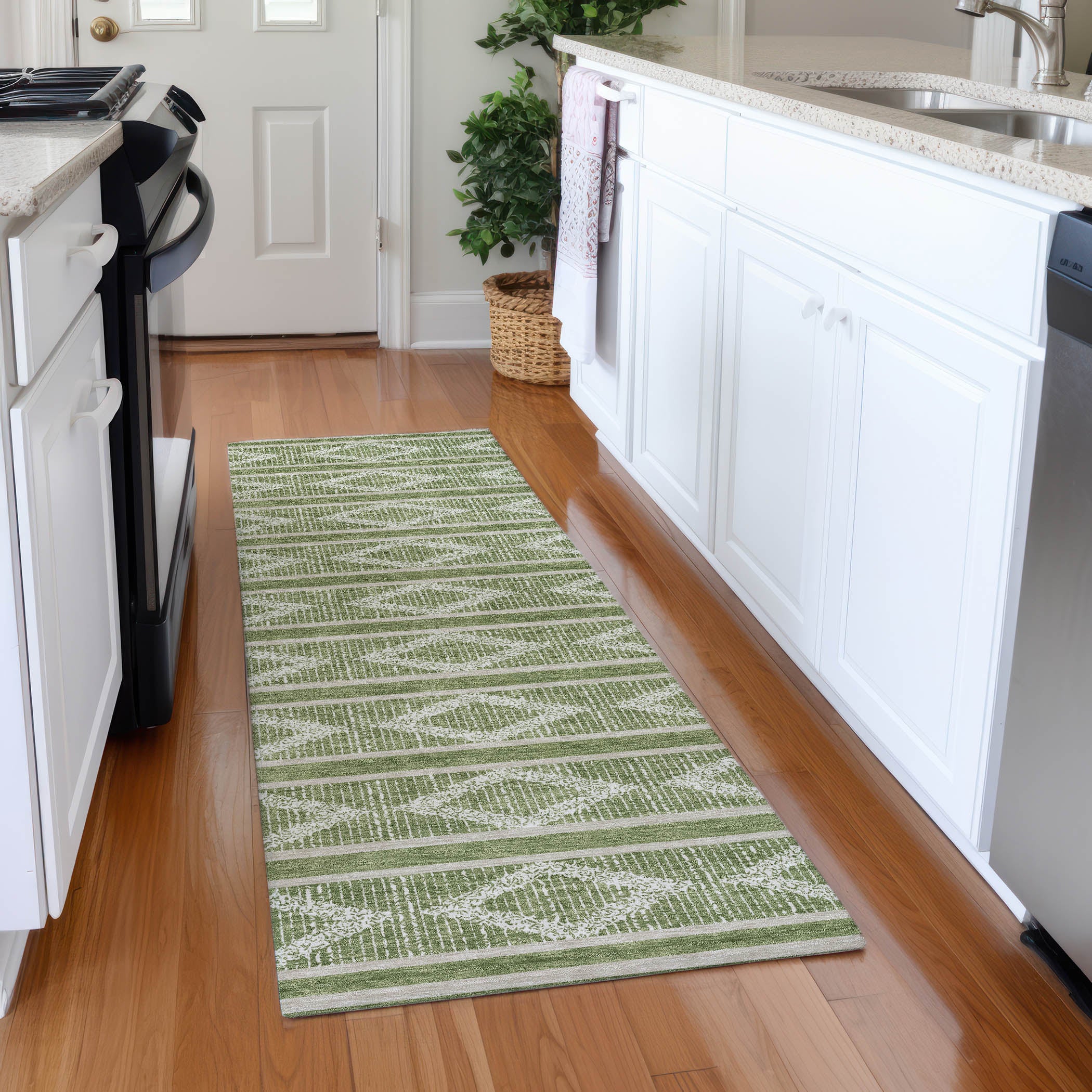 Athens Machine Washable Transitional Green Rug 2'3" x 7'6" #shape_Runner