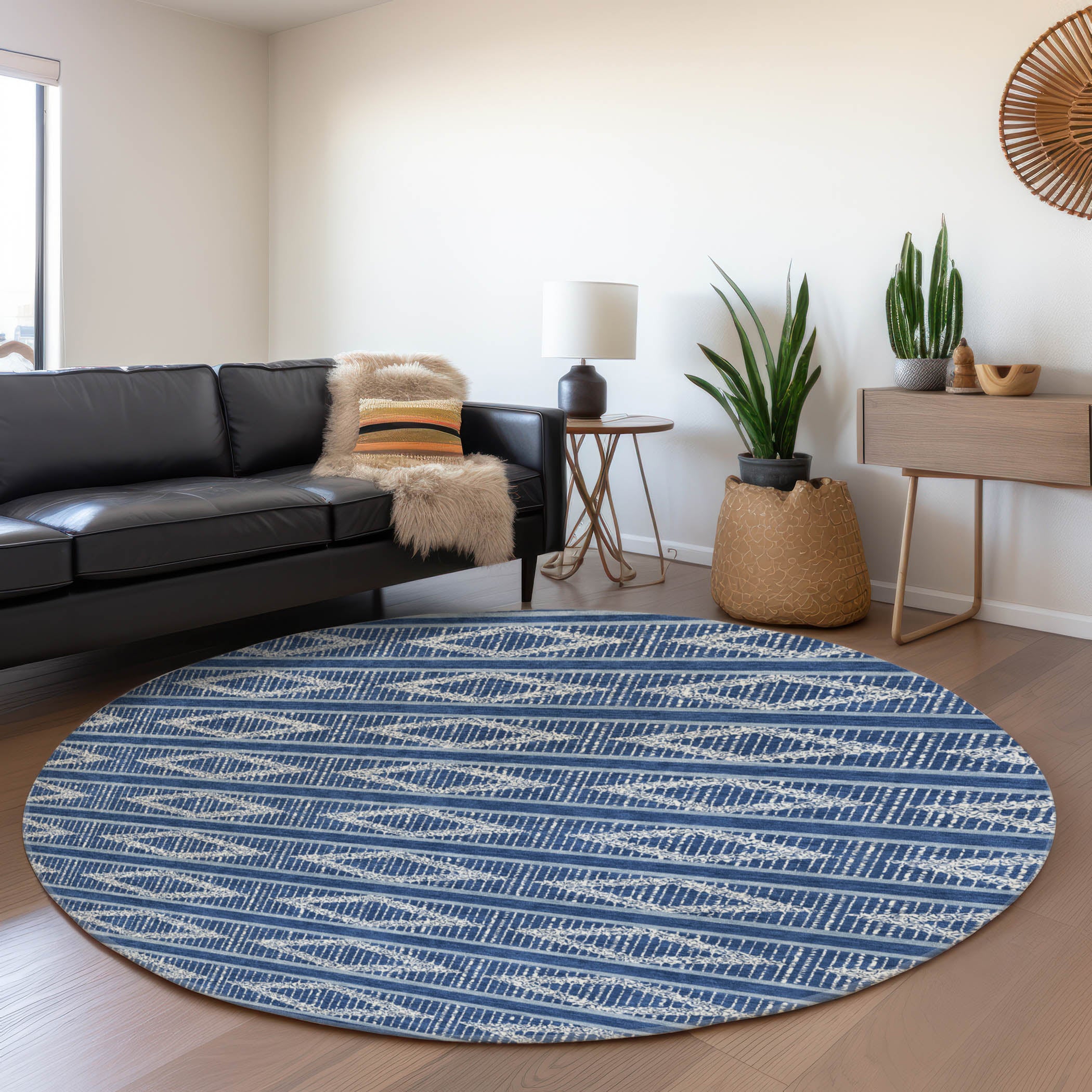 Athens Machine Washable Transitional Navy Blue Rug 8' x 8' #shape_Round