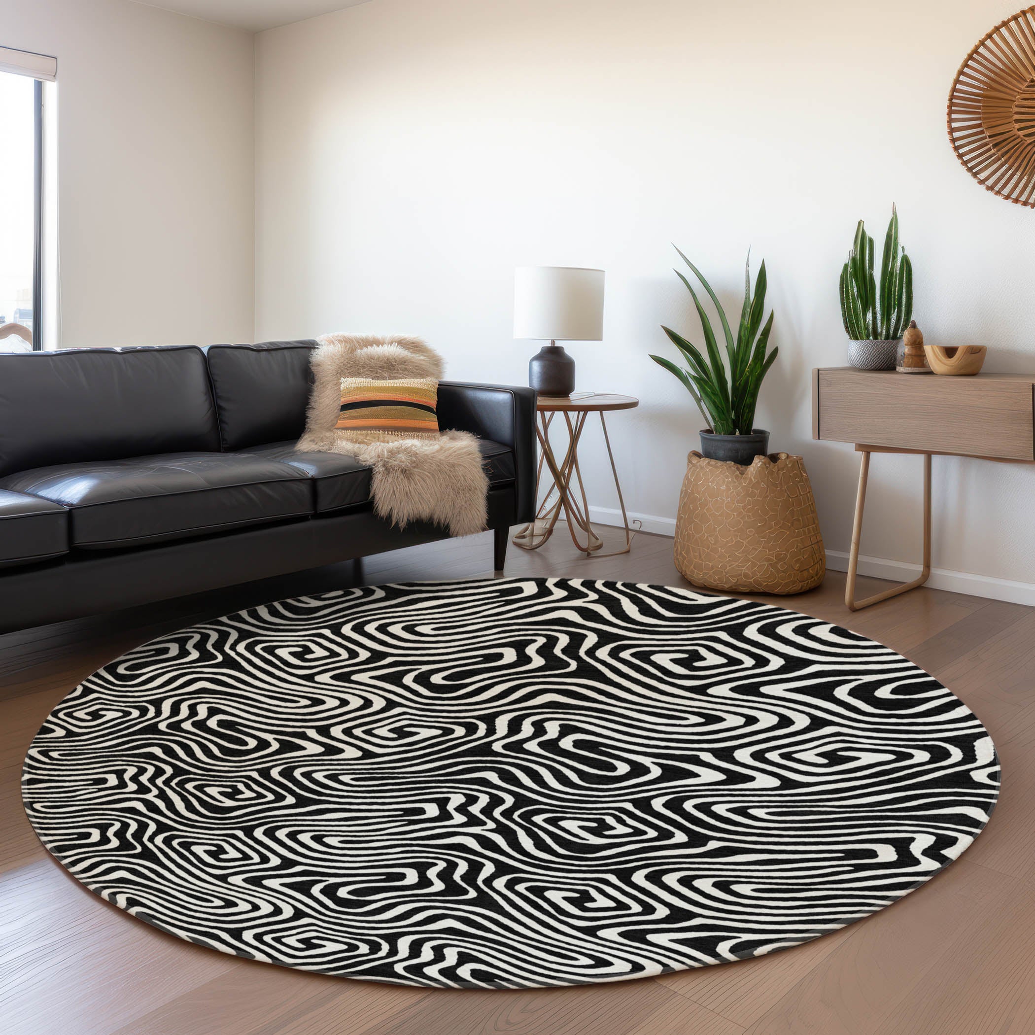 Havana Machine Washable Transitional Black Rug 8' x 8' #shape_Round