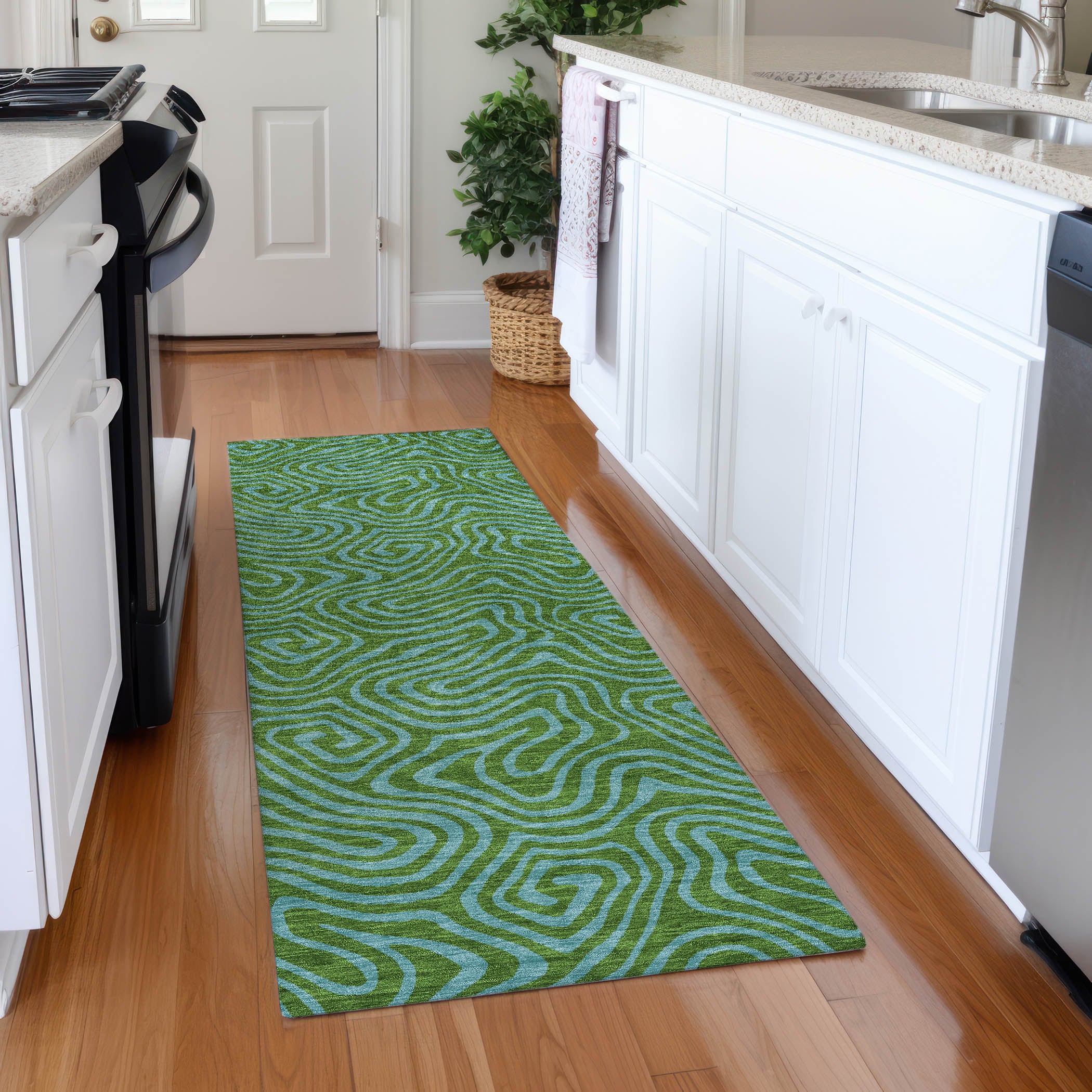Mdina Machine Washable Transitional Green Rug 2'3" x 7'6" #shape_Runner