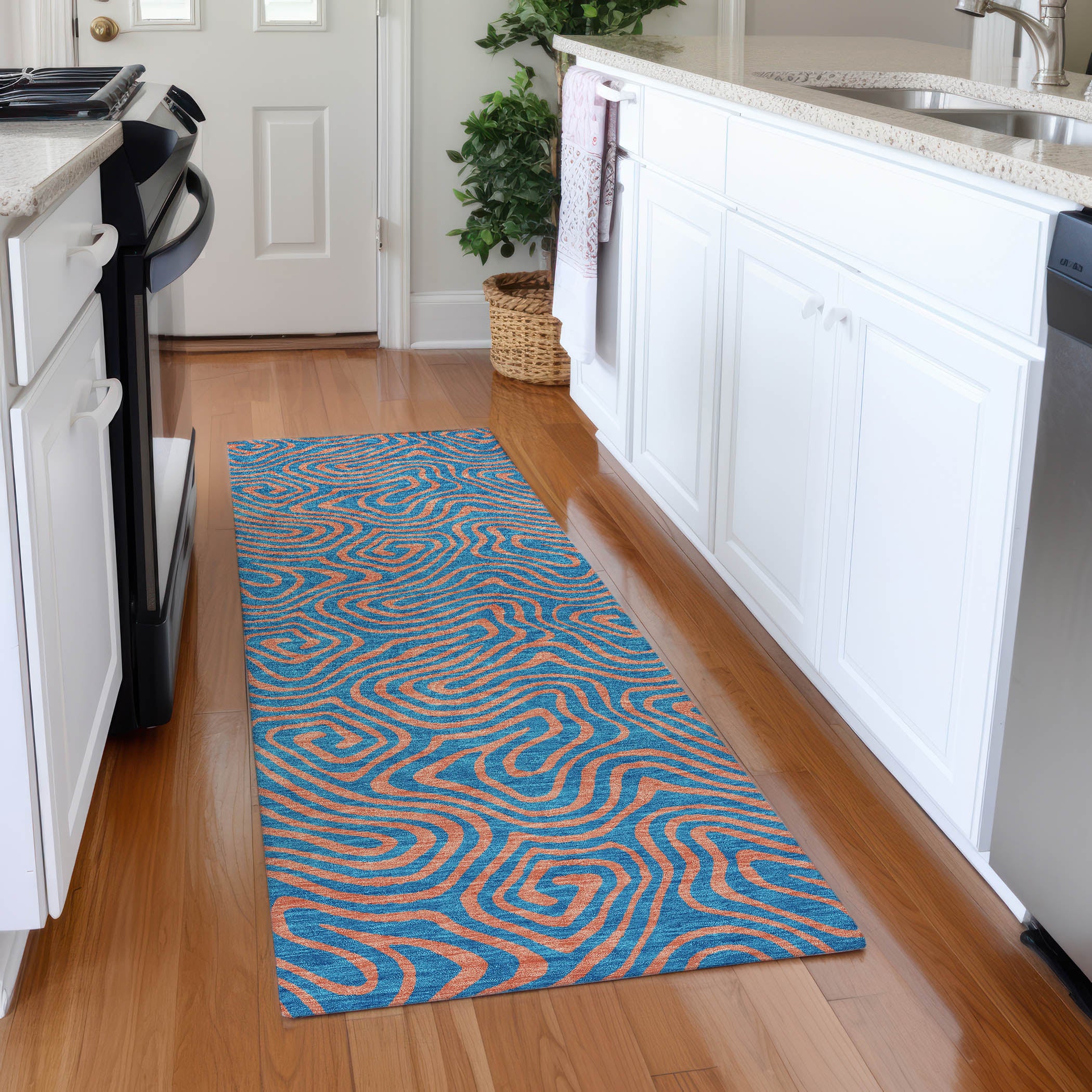 Mdina Machine Washable Transitional Teal Rug 2'3" x 7'6" #shape_Runner