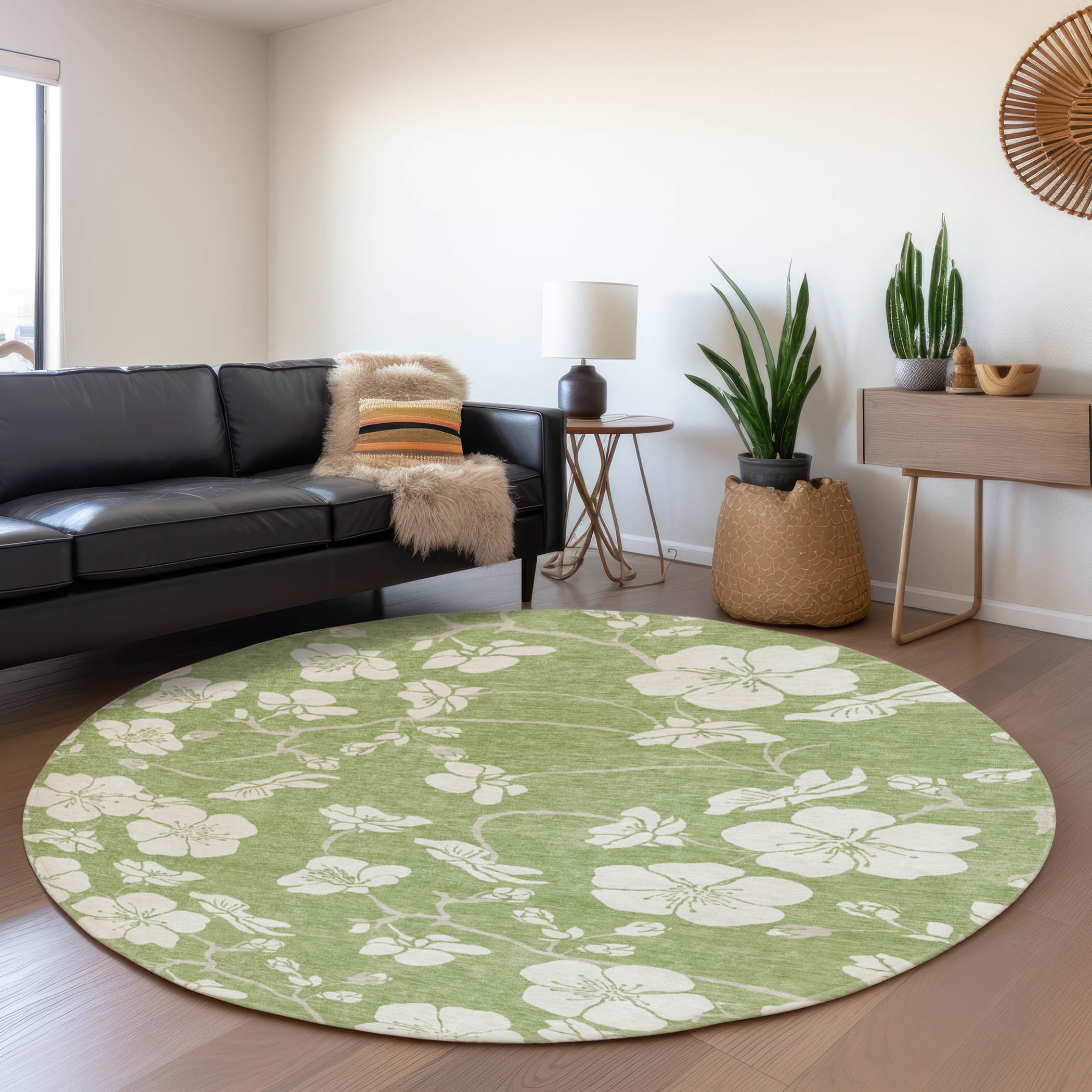 Oaxaca Machine Washable Transitional Aloe Green Rug 8' x 8' #shape_Round