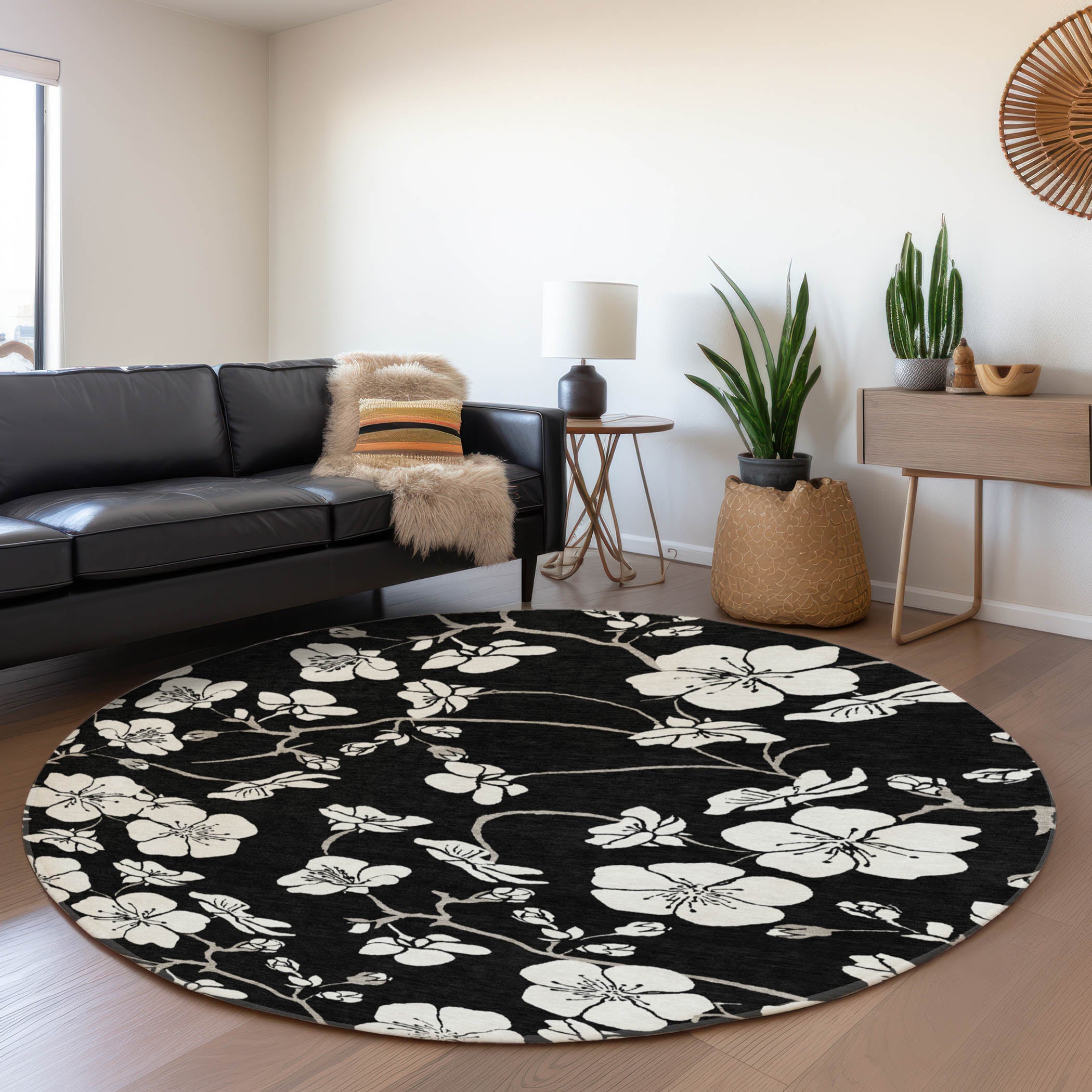 Oaxaca Machine Washable Transitional Black Rug 8' x 8' #shape_Round