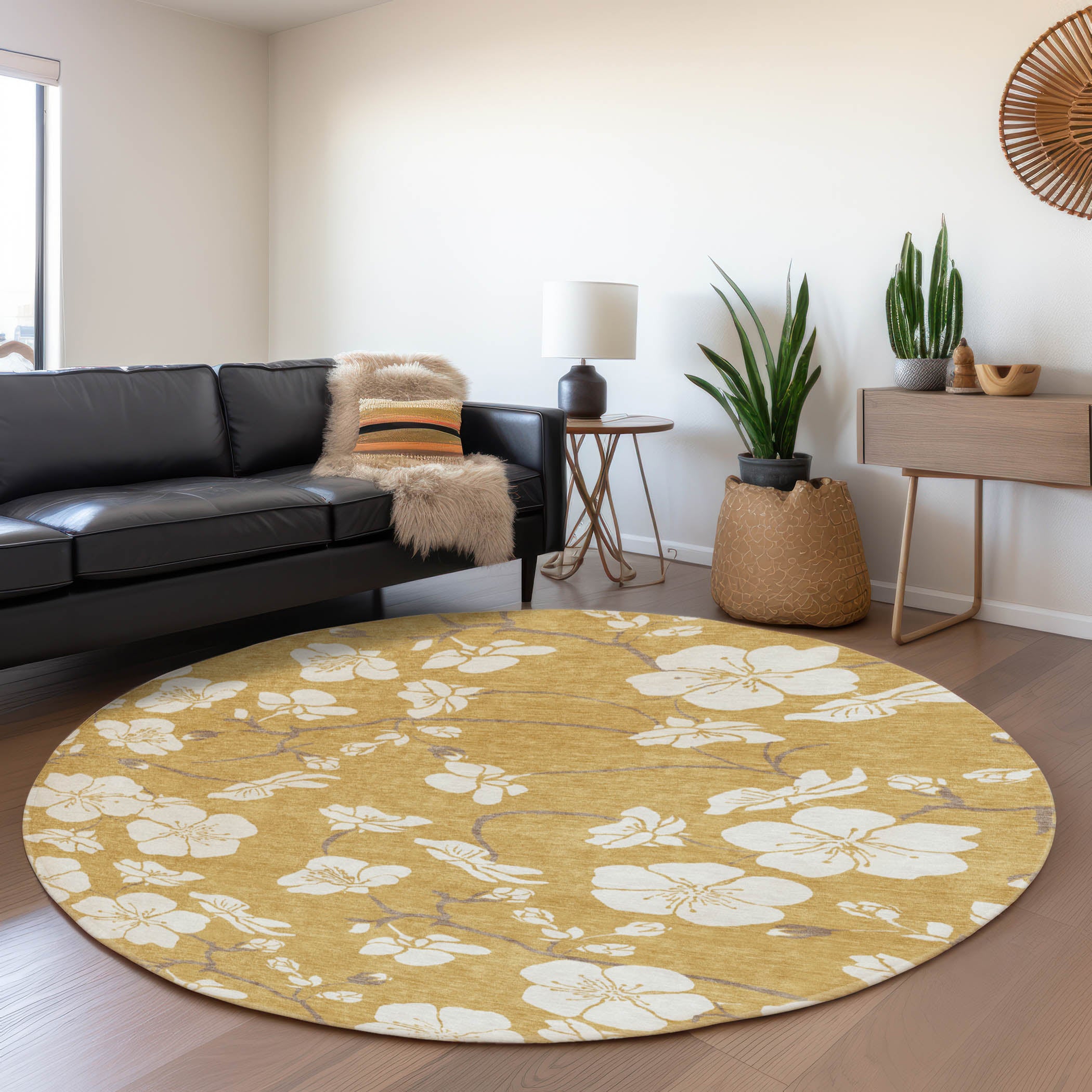 Oaxaca Machine Washable Transitional Gold Rug 8' x 8' #shape_Round