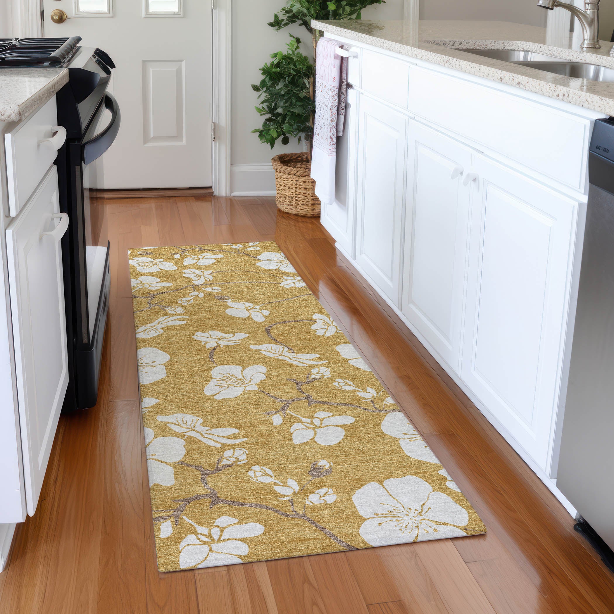 Oaxaca Machine Washable Transitional Gold Rug 2'3" x 7'6" #shape_Runner
