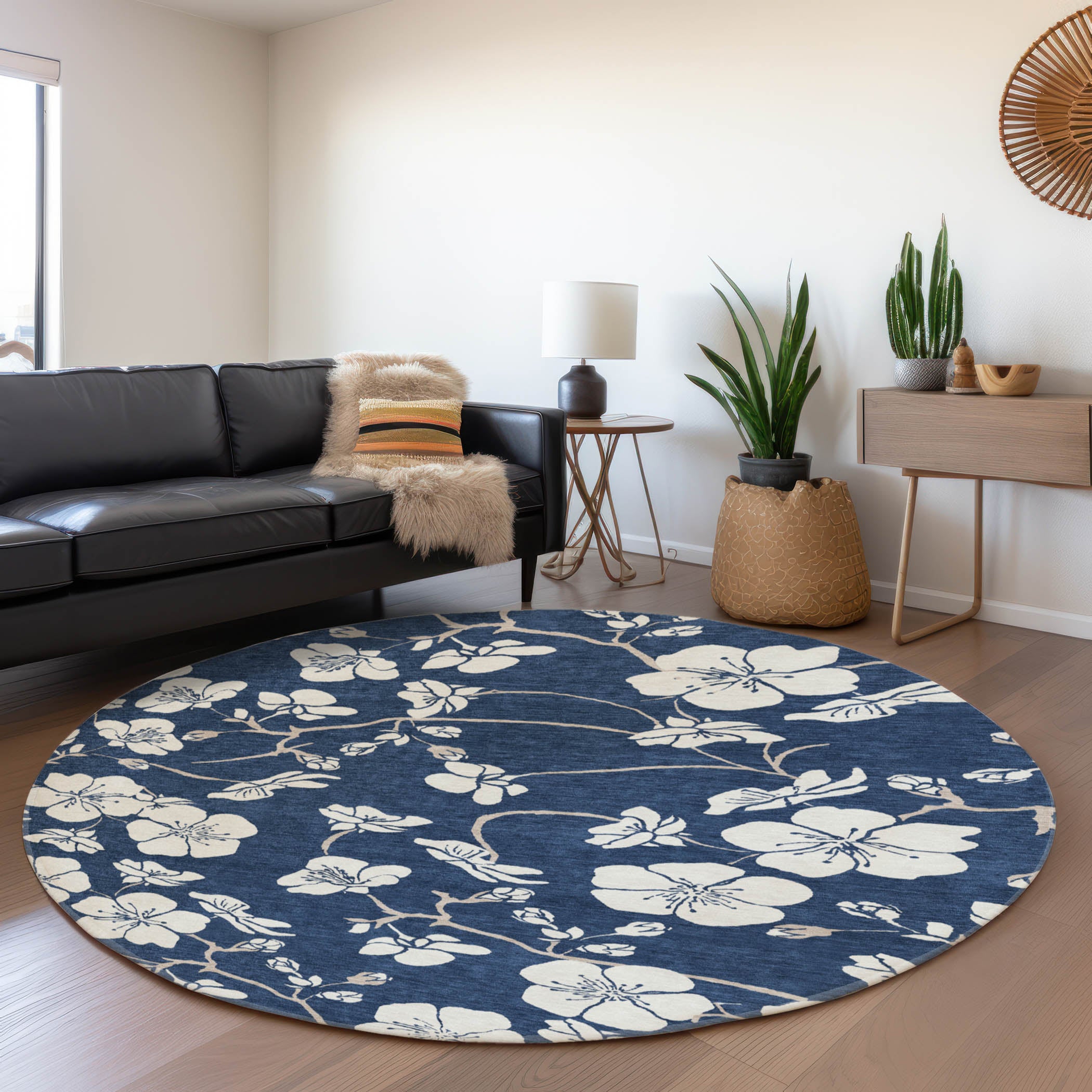 Oaxaca Machine Washable Transitional Navy Blue Rug 8' x 8' #shape_Round