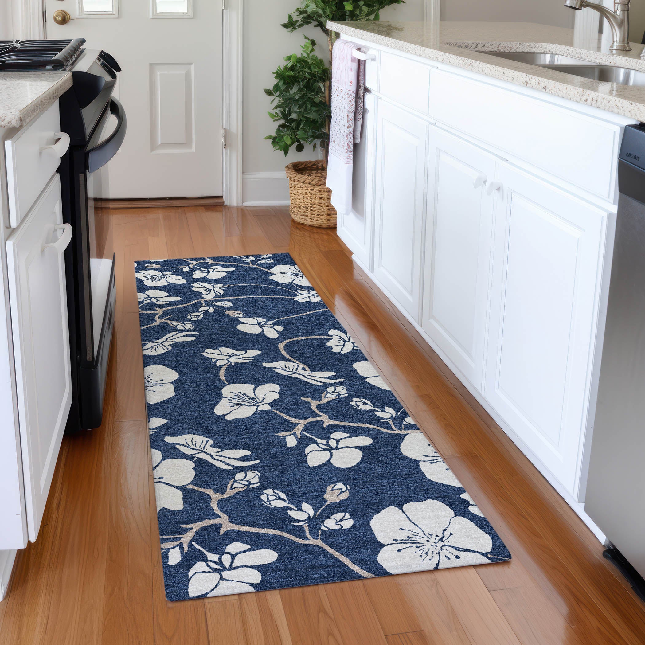 Oaxaca Machine Washable Transitional Navy Blue Rug 2'3" x 7'6" #shape_Runner
