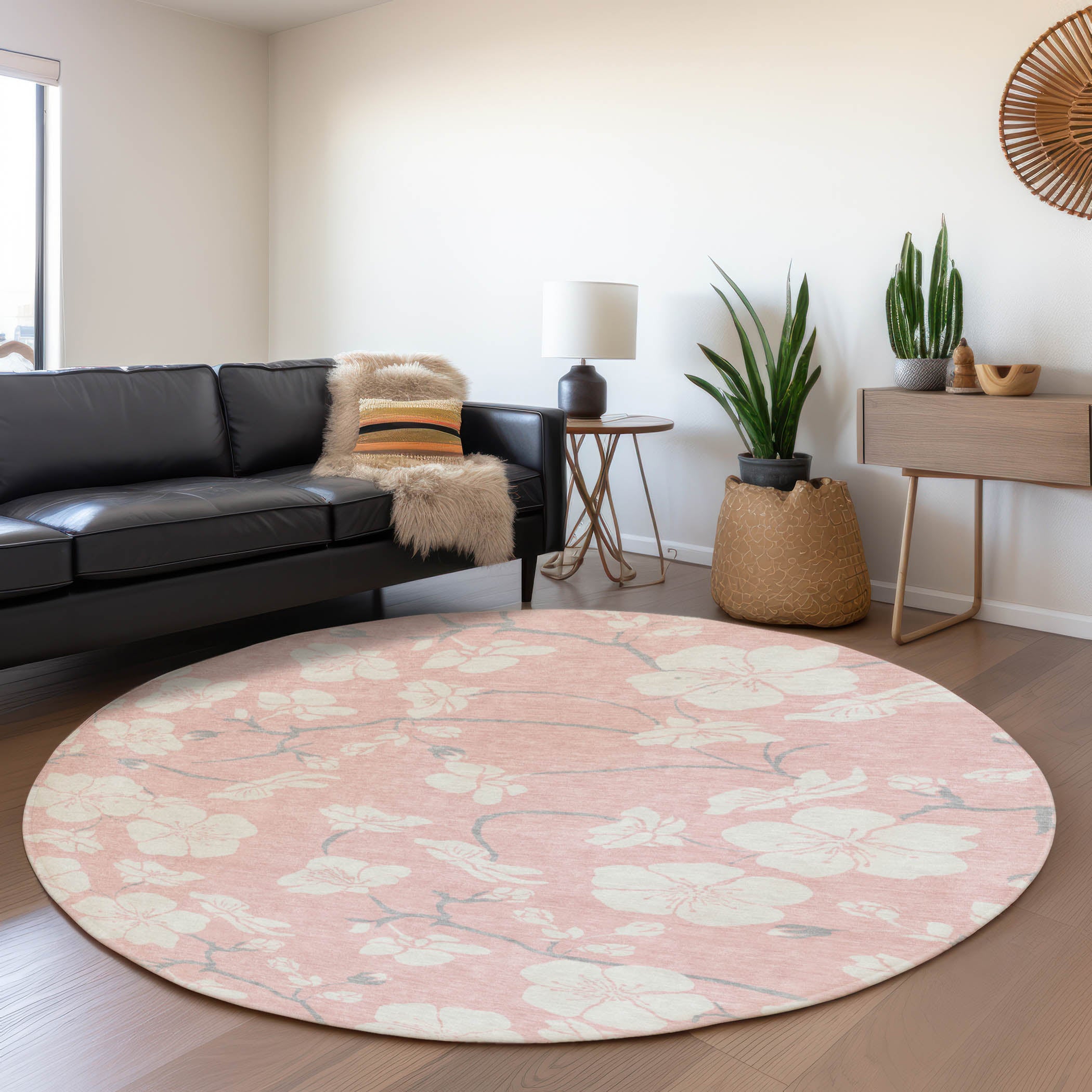 Oaxaca Machine Washable Transitional Pink Rug 8' x 8' #shape_Round