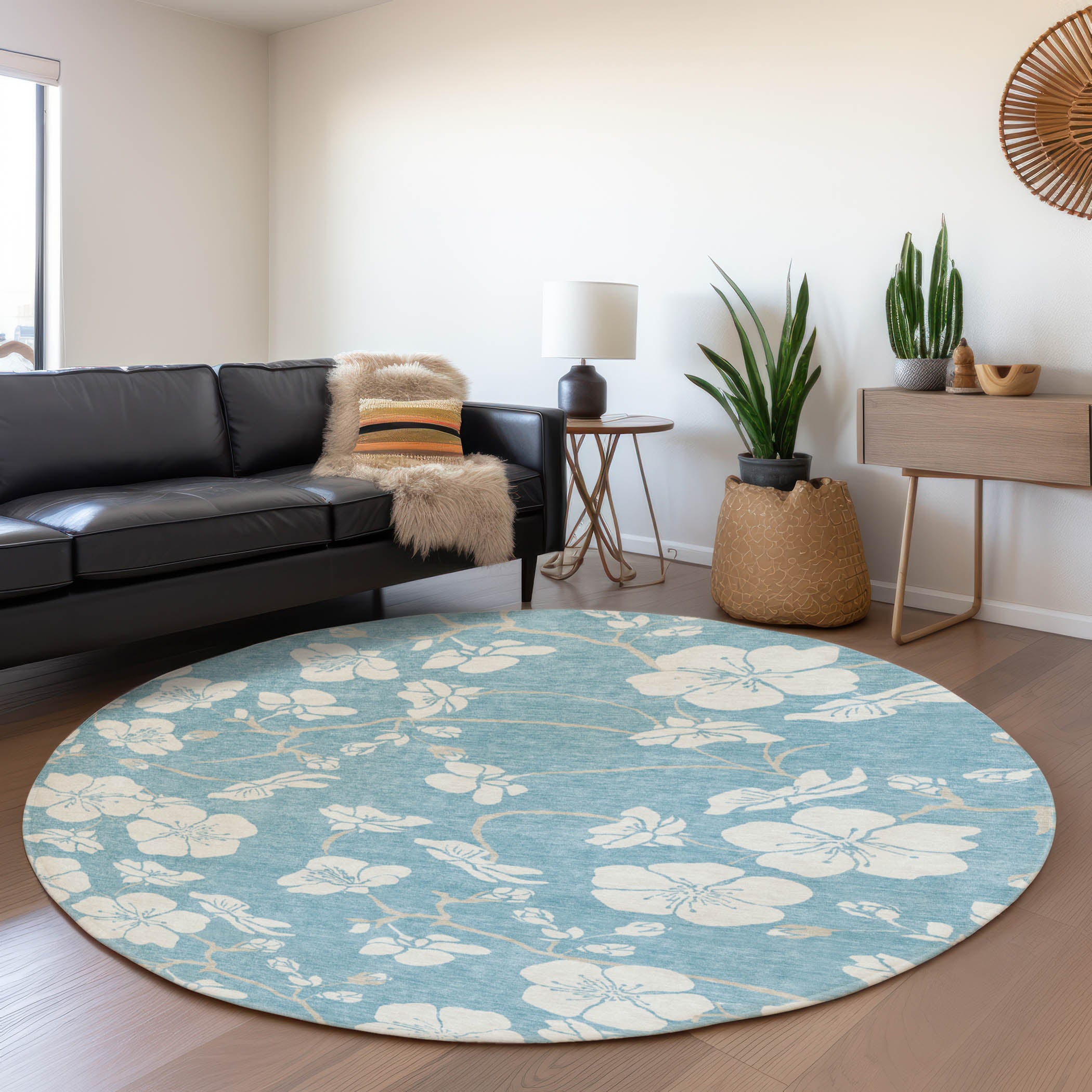 Oaxaca Machine Washable Transitional Sky Blue Rug 8' x 8' #shape_Round