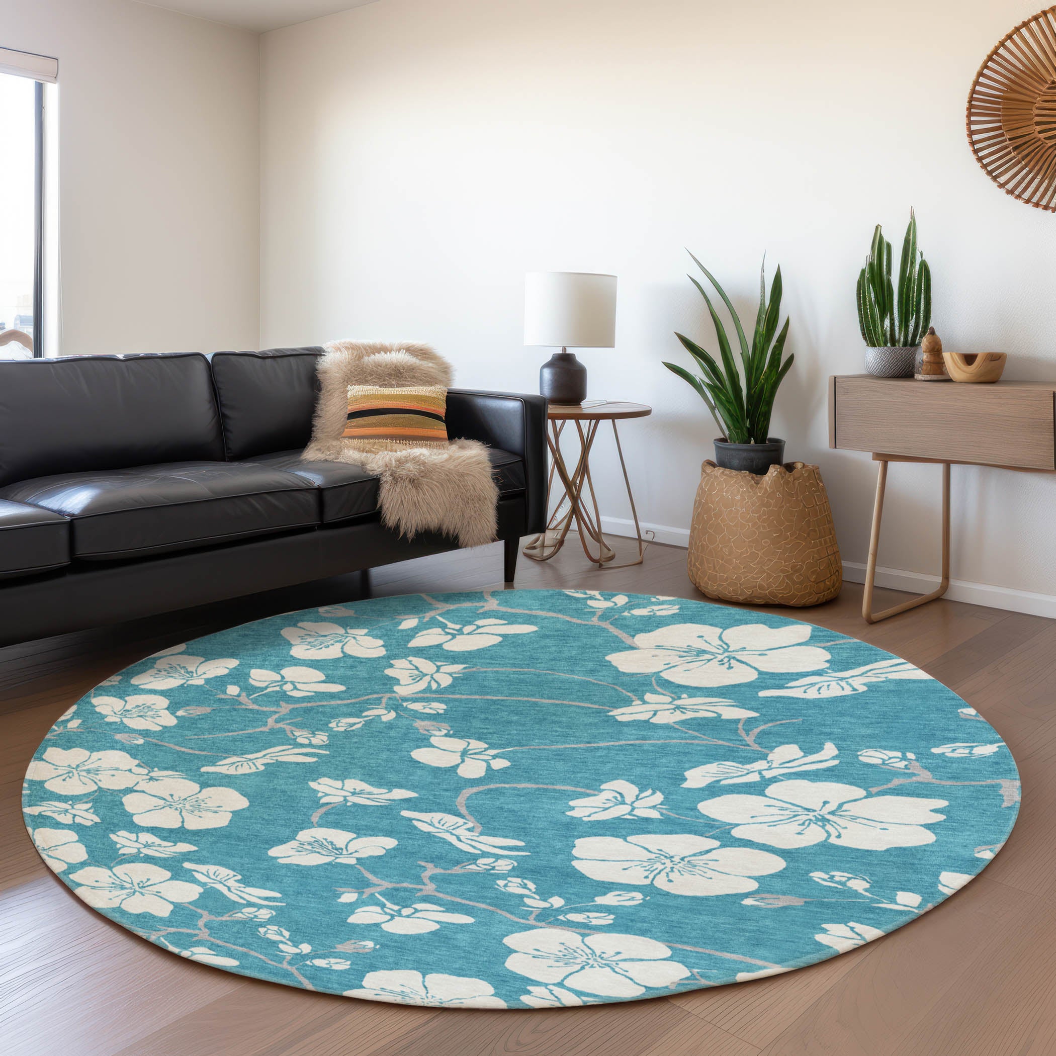 Oaxaca Machine Washable Transitional Turquoise Teal Rug 8' x 8' #shape_Round