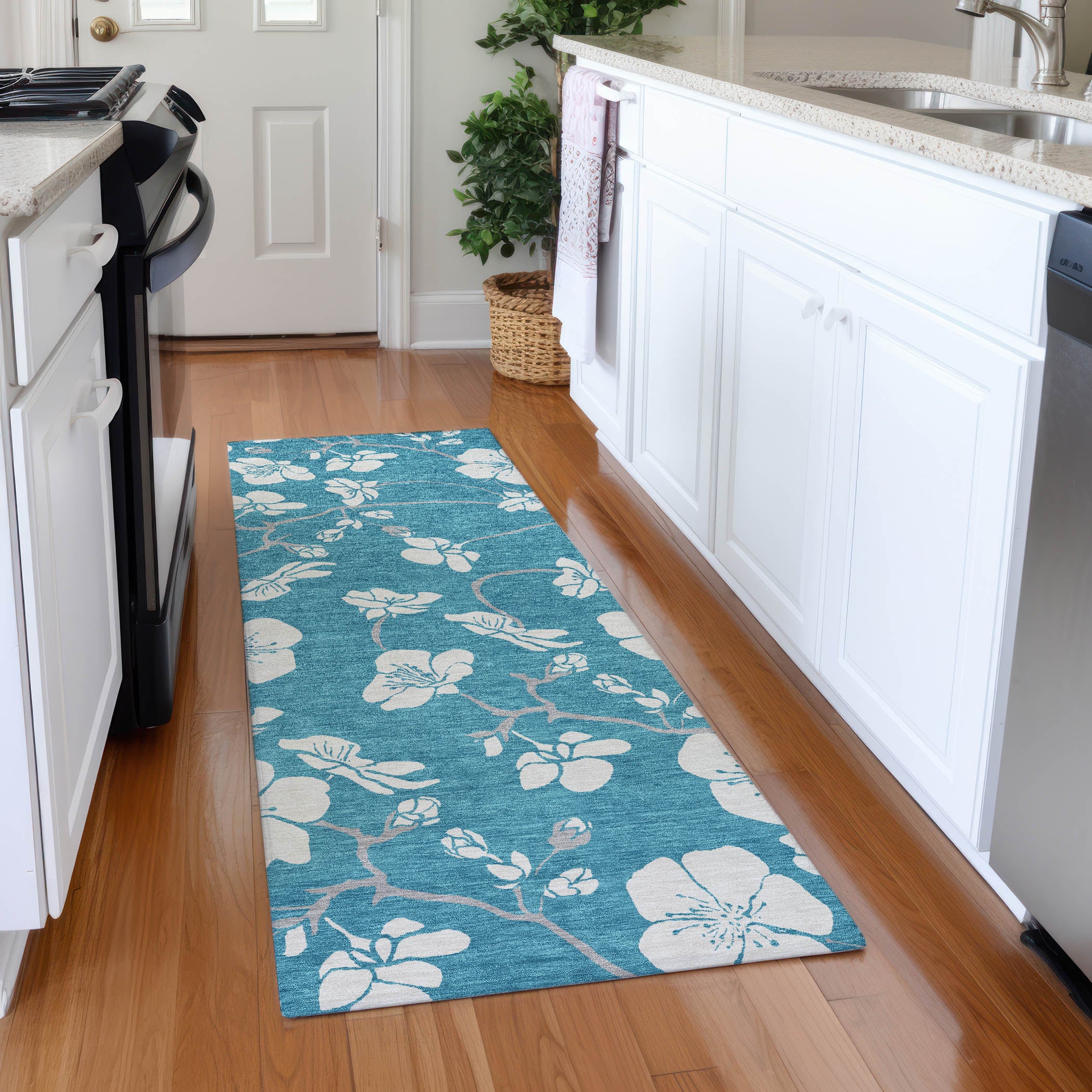 Oaxaca Machine Washable Transitional Turquoise Teal Rug 2'3" x 7'6" #shape_Runner