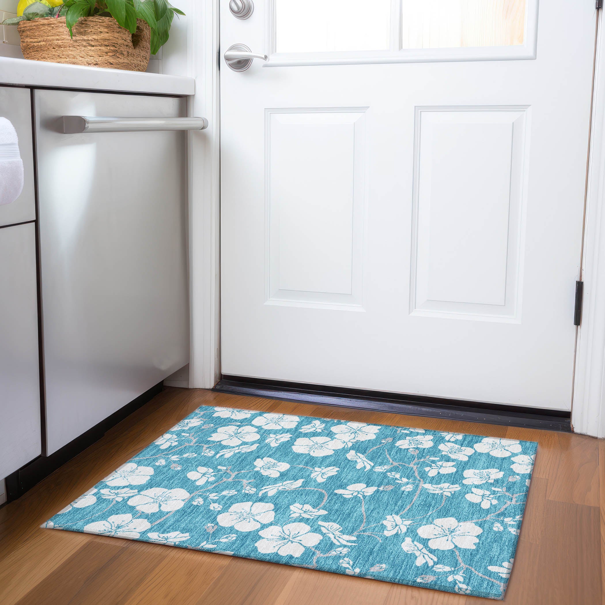 Oaxaca Machine Washable Transitional Turquoise Teal Rug 1'8" x 2'6" #shape_Rectangle