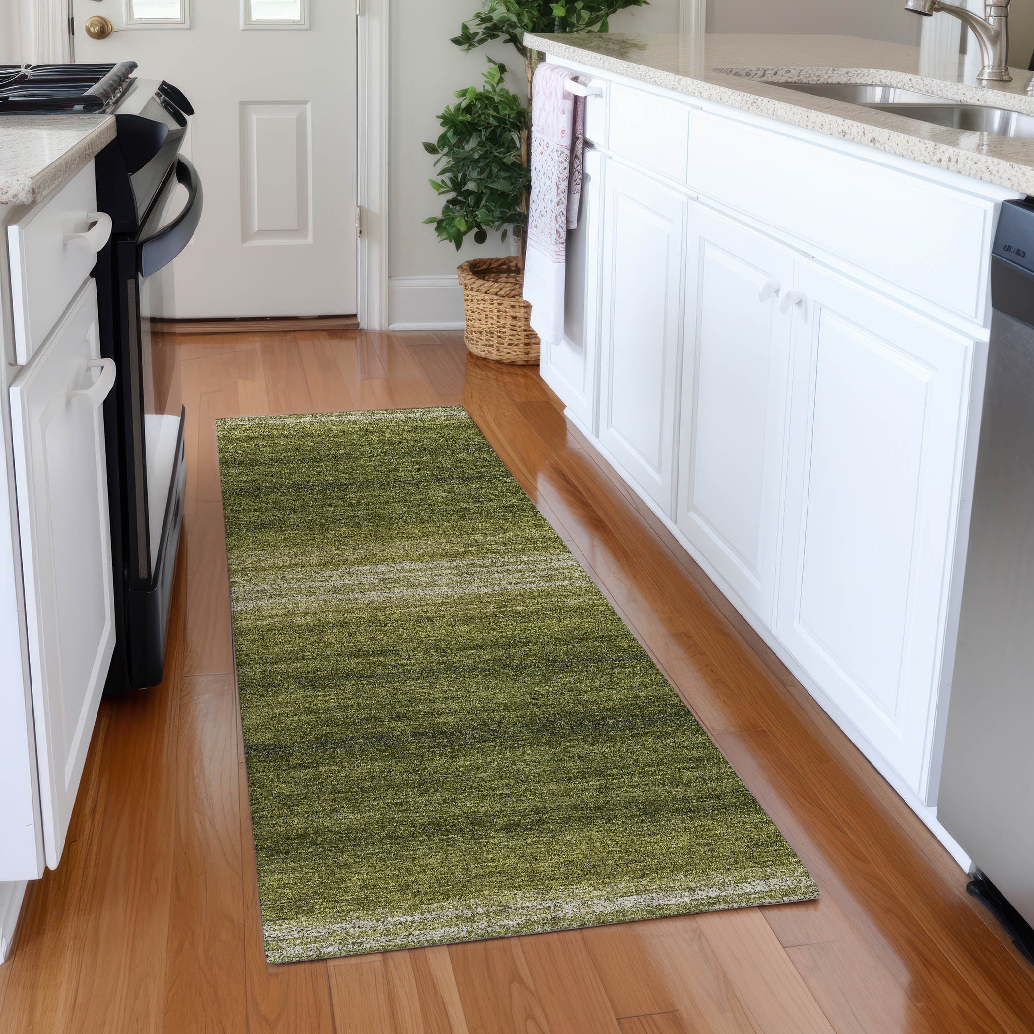 Tallinn Machine Washable Transitional Olive Green Rug 2'3" x 7'6" #shape_Runner