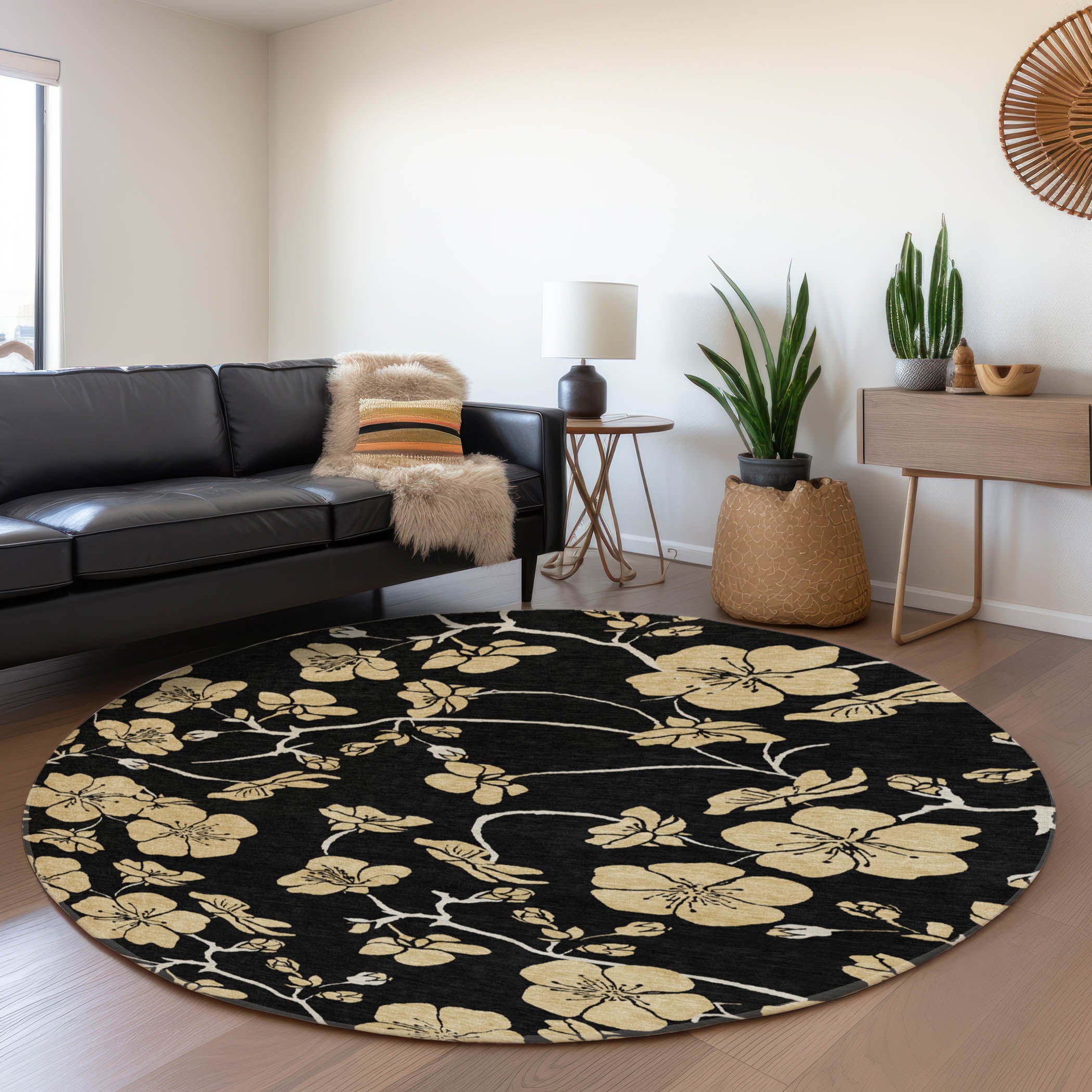 Chiang Mai Machine Washable Transitional Black Rug 8' x 8' #shape_Round