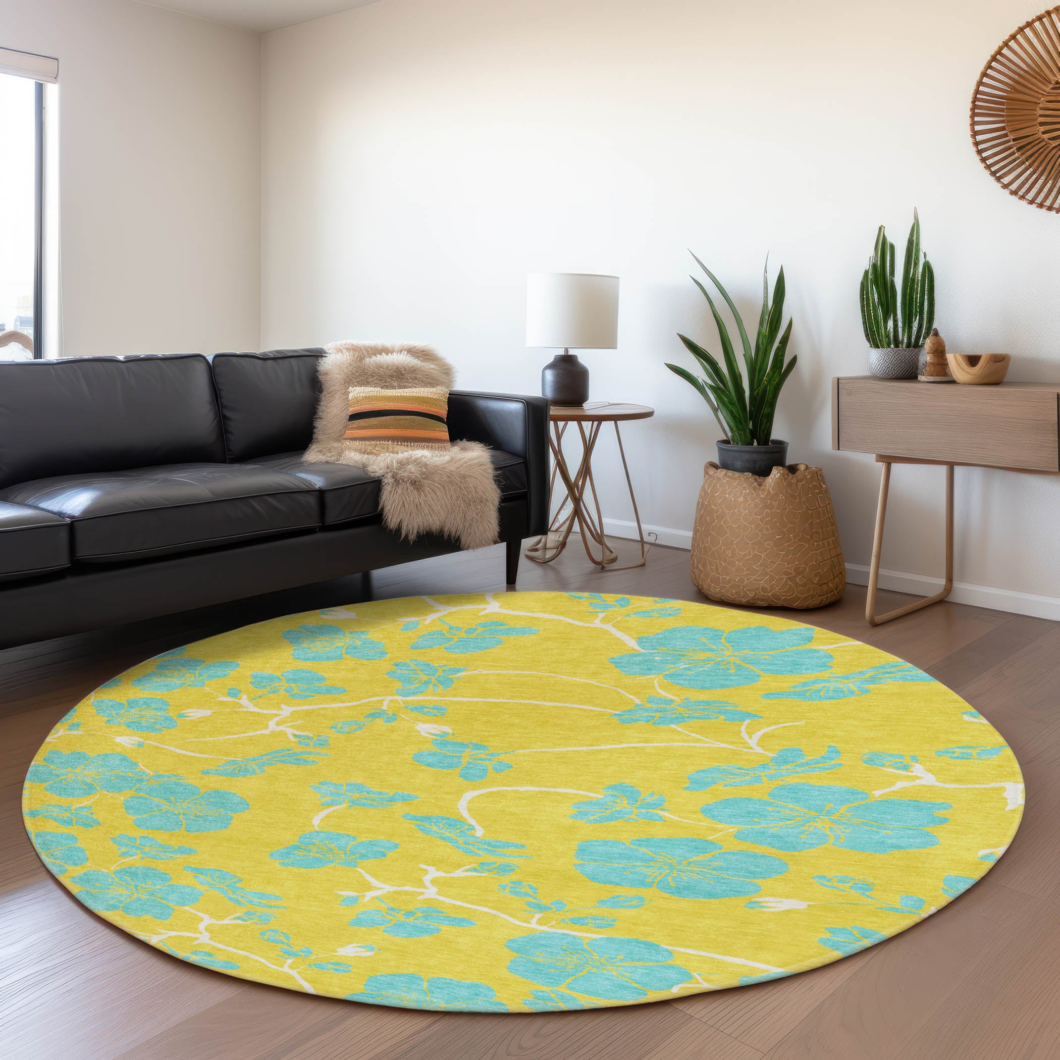 Chiang Mai Machine Washable Transitional Yellow Gold Rug 8' x 8' #shape_Round