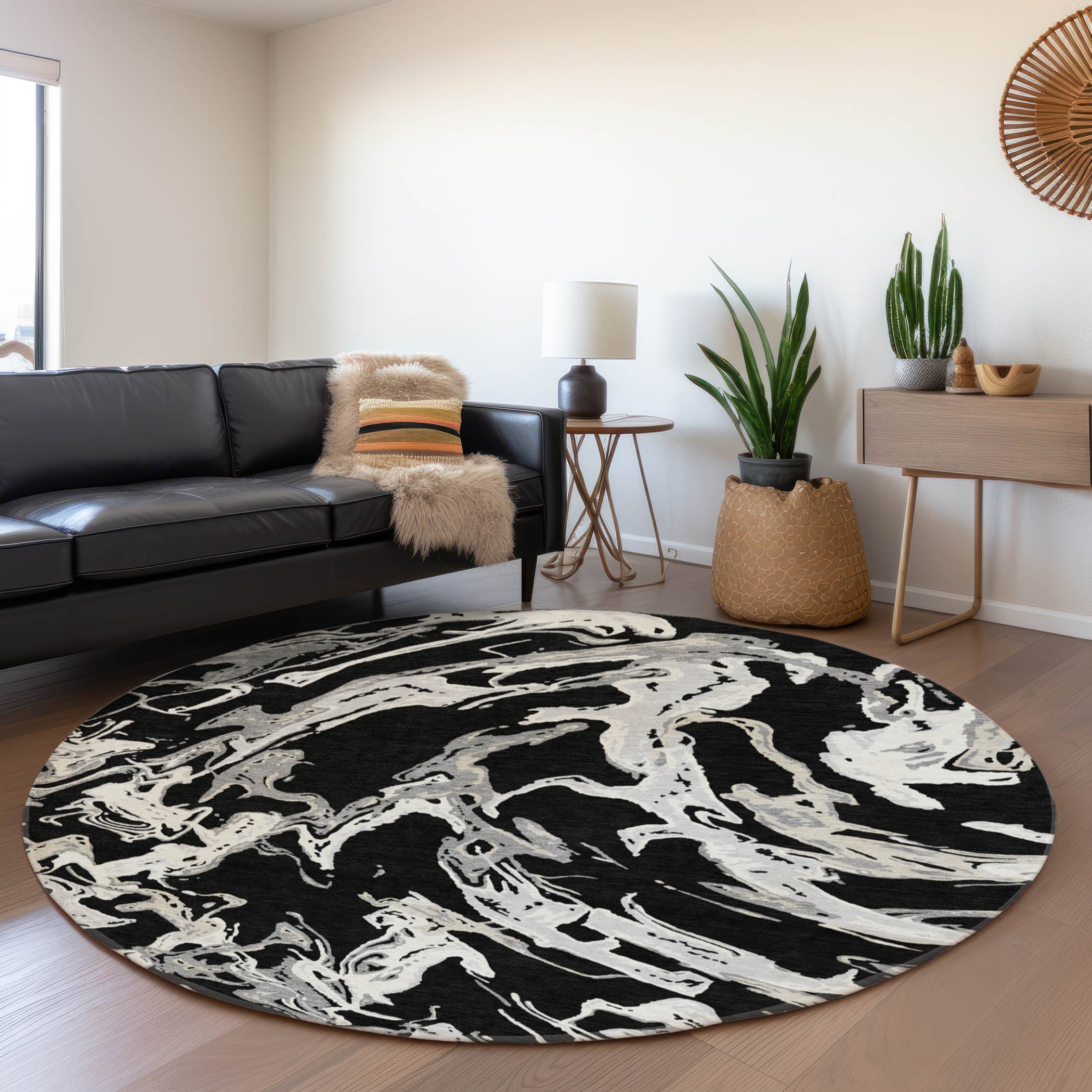 Tbilisi Machine Washable Transitional Black Rug 8' x 8' #shape_Round