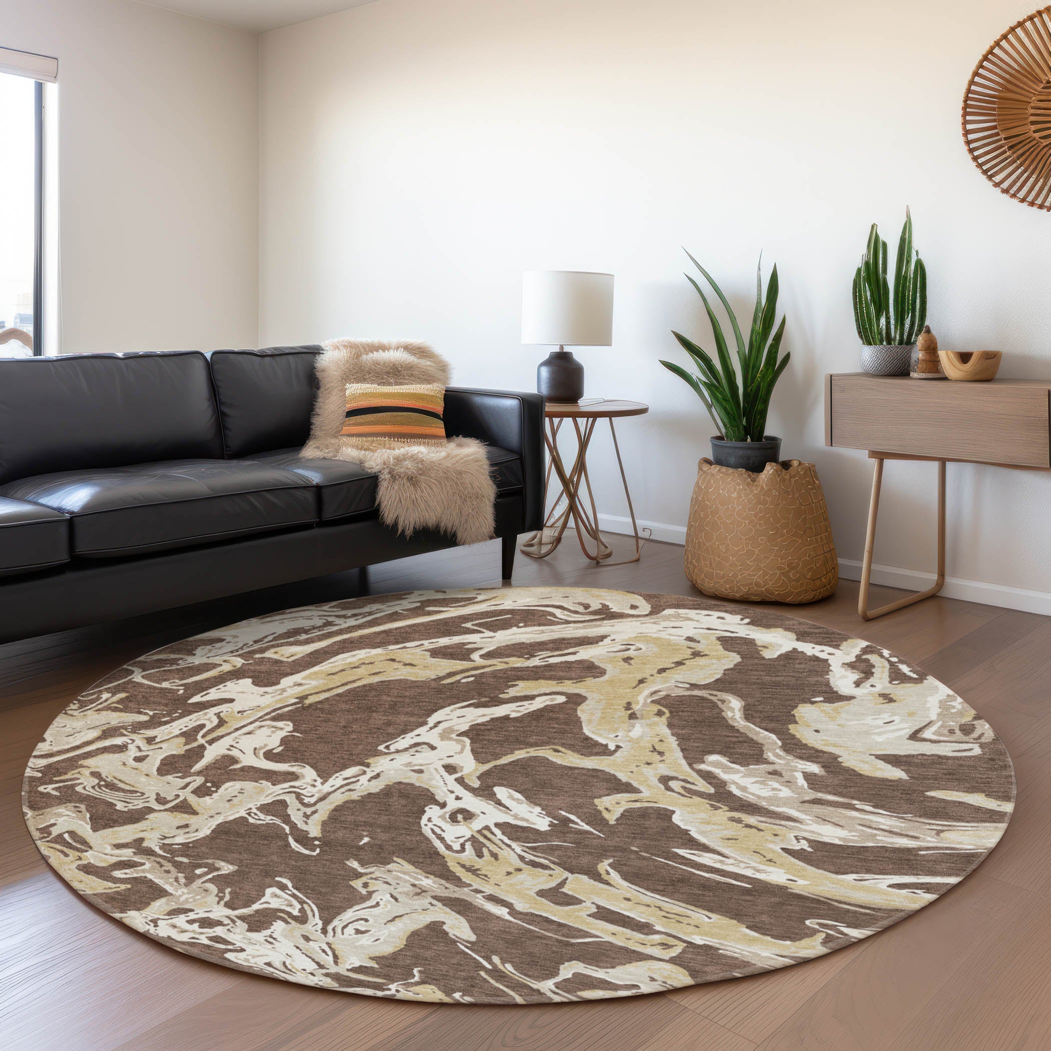 Tbilisi Machine Washable Transitional Brown Rug 8' x 8' #shape_Round
